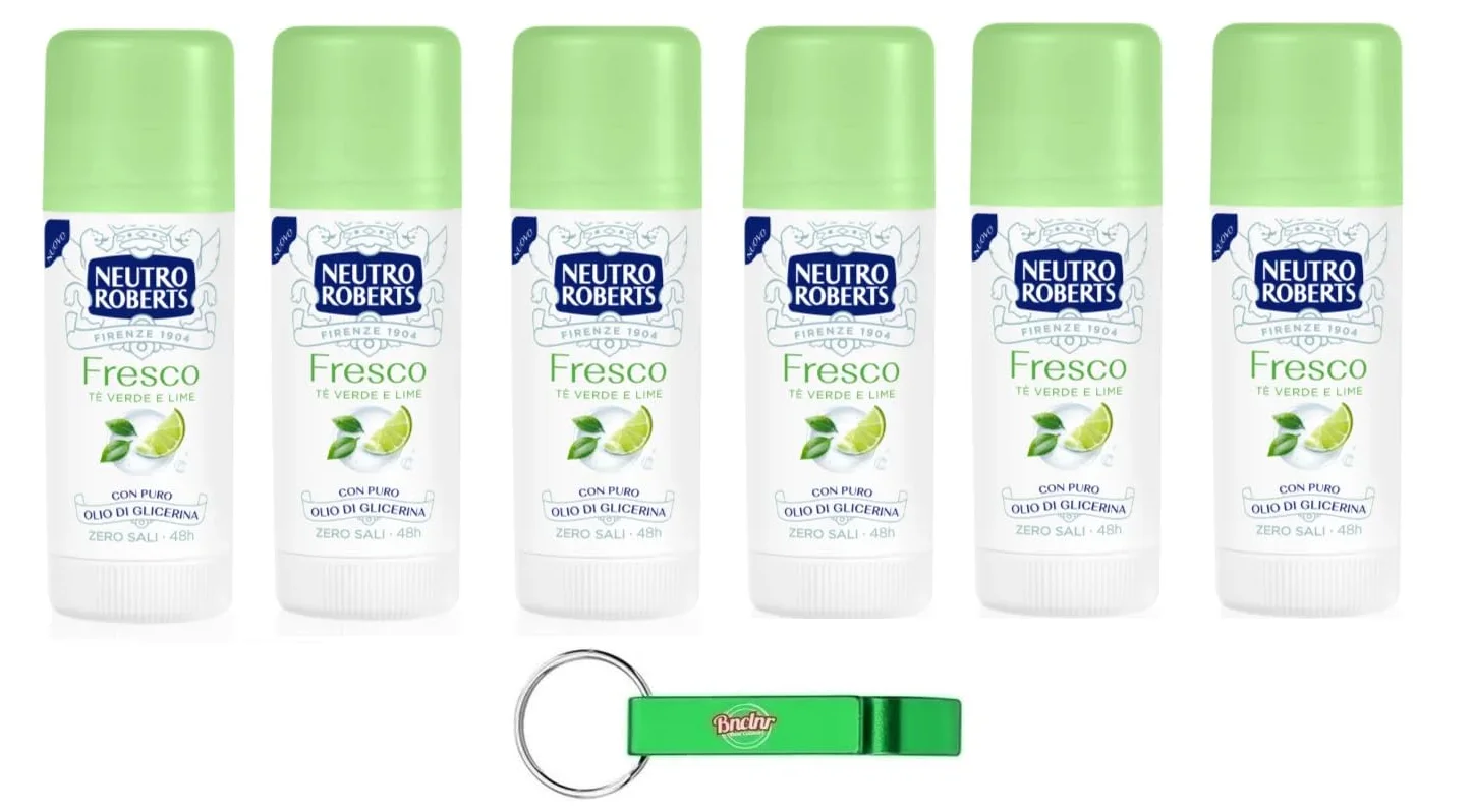 Neutro Roberts - 6 deodorante Stick Fresco con tè verde e lime, 0% sali di alluminio, 40 ml + portachiavi Beni Culinari