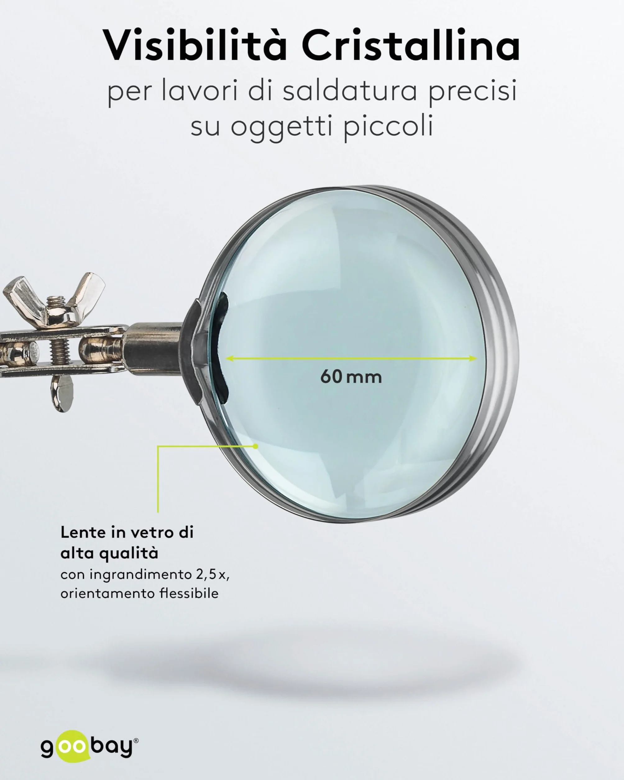 goobay Terza mano lente d'ingrandimento supporto saldatore ingrandimento 2,5x morsetti a coccodrillo flessibili base robusta