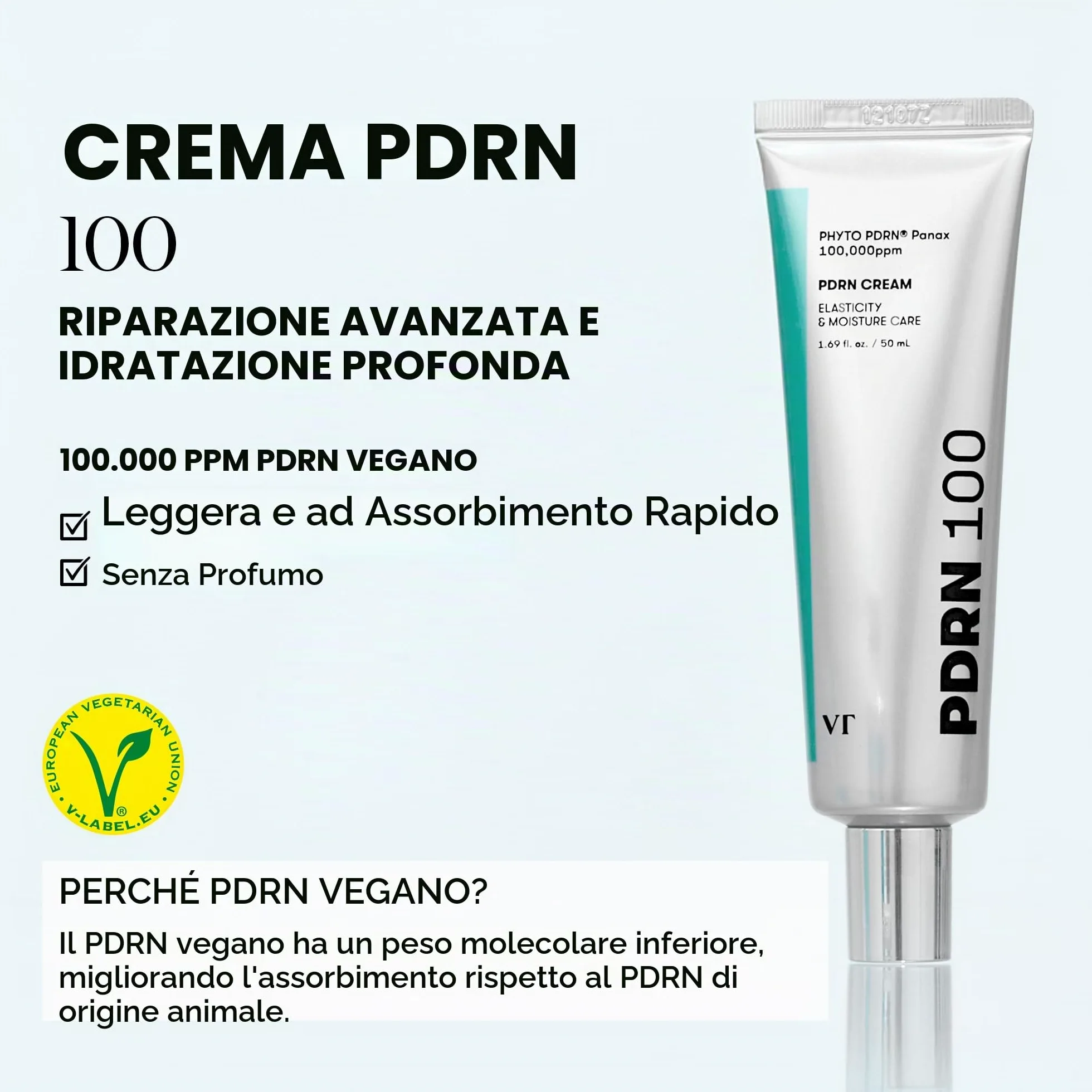 VT COSMETICS PDRN 100 Crema Viso Idratante, con Azulene, Non Profumata, per aiutare l’elasticità della pelle, 50ml, Uso Giorno e Notte, Formula Leggera e Non Grassa