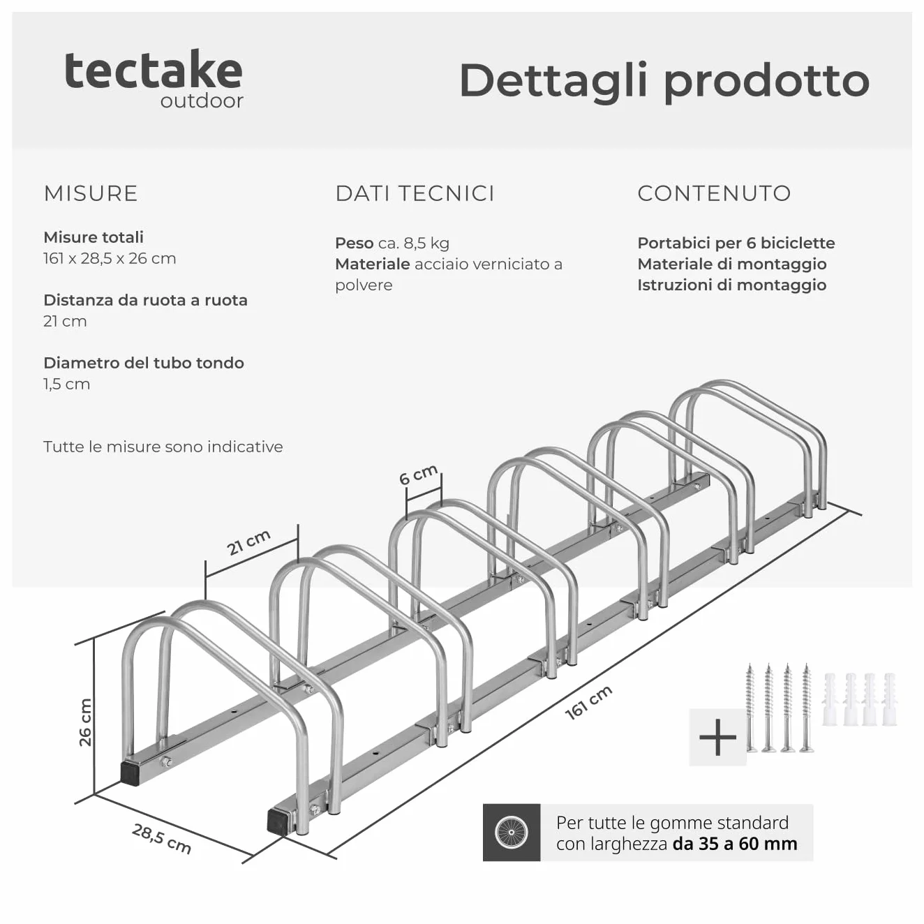 Rastrelliera Biciclette Acciaio 6 Posti Portabici Modulabile Argento