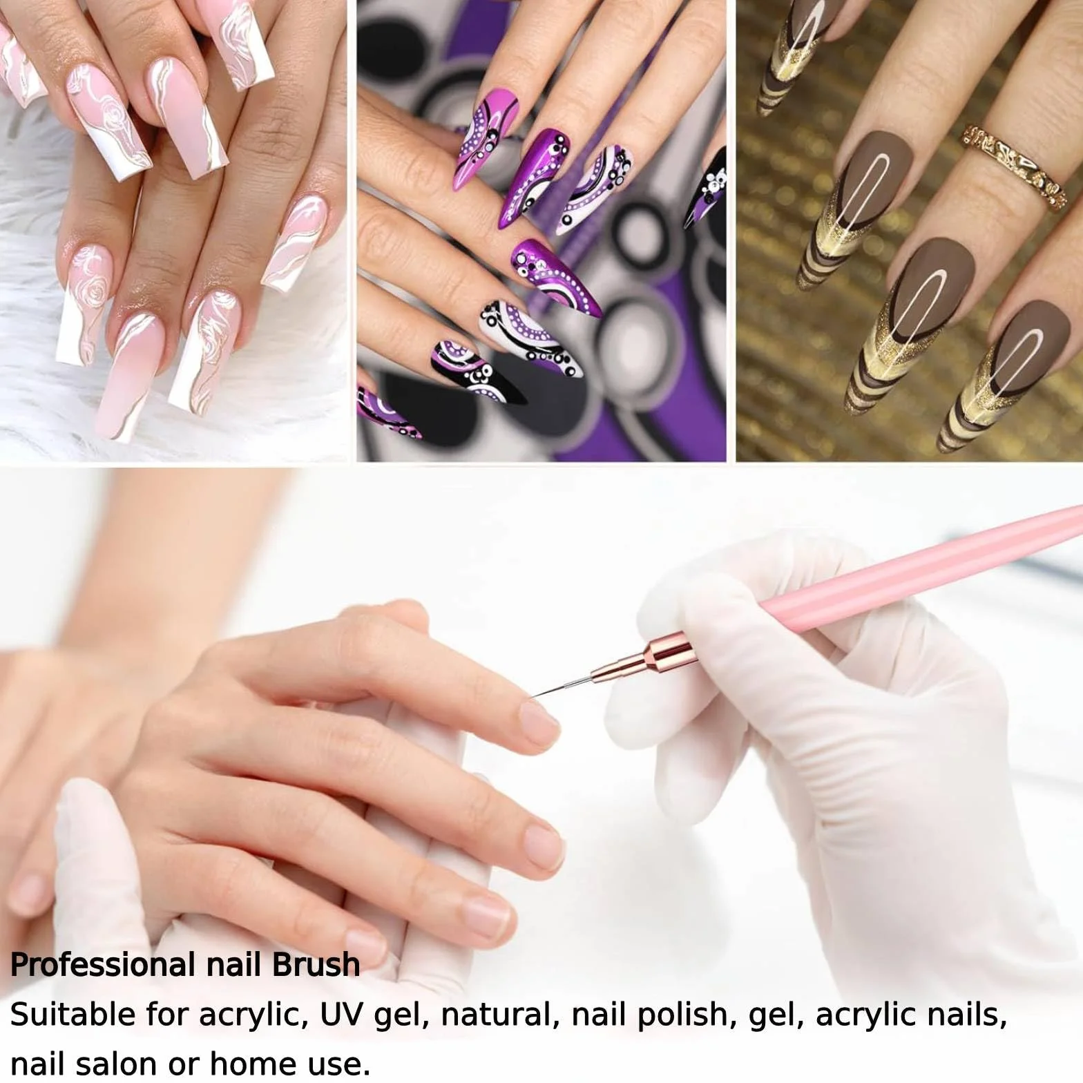 Pennelli Nail Art 5 Pezzi, Pennellino Unghie Gel 4/8/12/20/25mmmm, Pennello French Penna Pennellino Set, per Nail Art, per Linee Lunghe, Dettagli Sottili, Disegno Fine