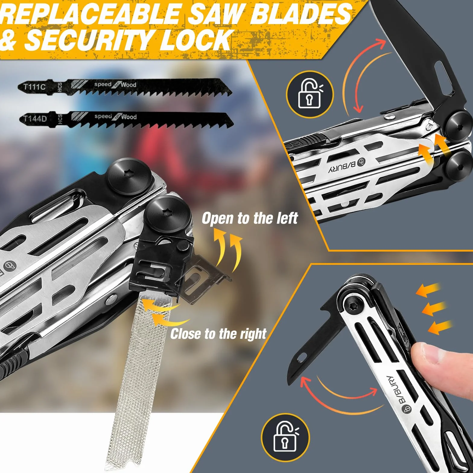 BIBURY Pinza Multifunzione in Acciaio Inox con Forbici Potenziati, 2 Seghe Sostituibili e Set Cacciaviti - Nero