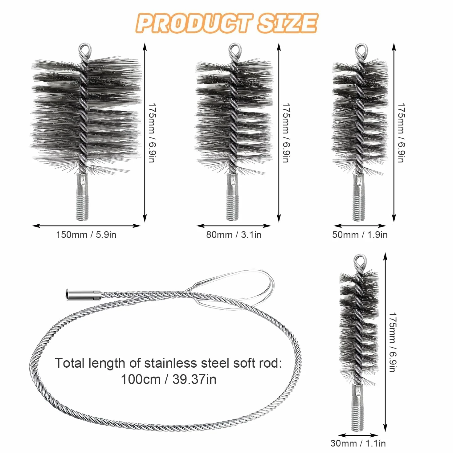 Set da 5 pezzi Spazzola per Canna Fumaria, Camino, Pulizia Tubi 30mm 50mm 80mm 150mm