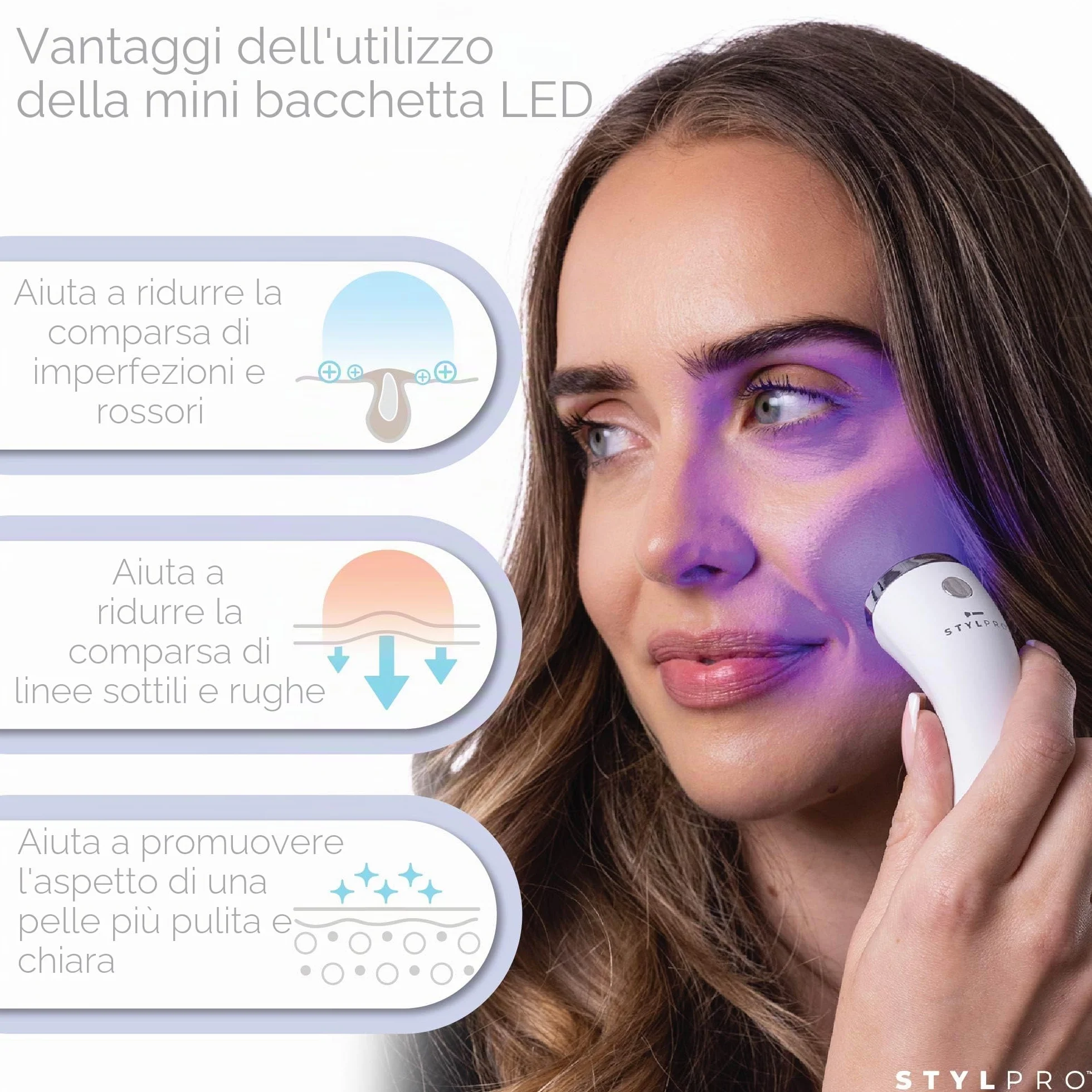 STYLPRO Mini LED Wand – Terapia della luce blu per la cura della pelle, aiuta a ridurre macchie, infiammazioni e arrossamenti, 3 modalità, 28 LED ad alta potenza, NIR, ricaricabile, compatto