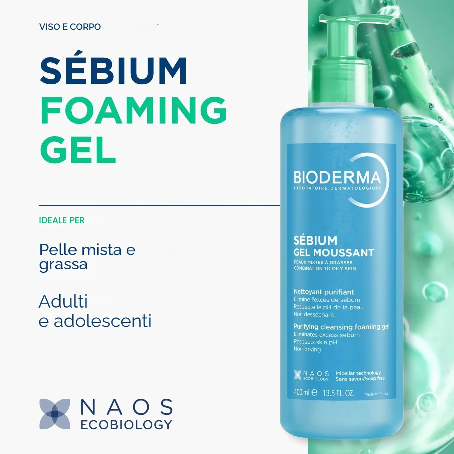 BIODERMA Sebium Gel schiumogeno – Detergente purificante delicato – Rimuove sebo in eccesso e impurità – Pelle mista a grassa – prescritta dai dermatologi – Flacone pompa 400 ml