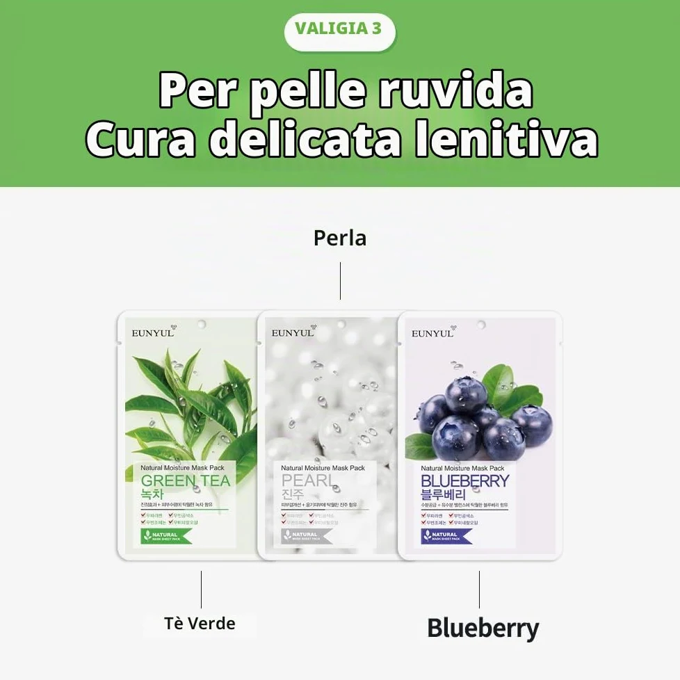 Eunyul Maschera in tessuto naturale Confezione Maschera Coreana Aloe, Collagene, Perla, Ialurone, Avocado, Melograno, Vitamina, Mirtillo, Tè Verde, Cetriolo, Confezione da 10