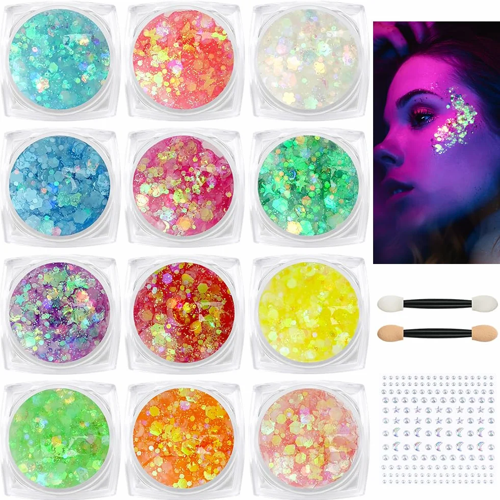 Fluorescente Paillettes, 12 Colori Gel Glitter per Corpo, Fluoreszierendes Glitzer, Brillantini Make Up Gel per Corpo, Labbra, Trucco, Mascherata, Halloween, Natale, Musicali Feste