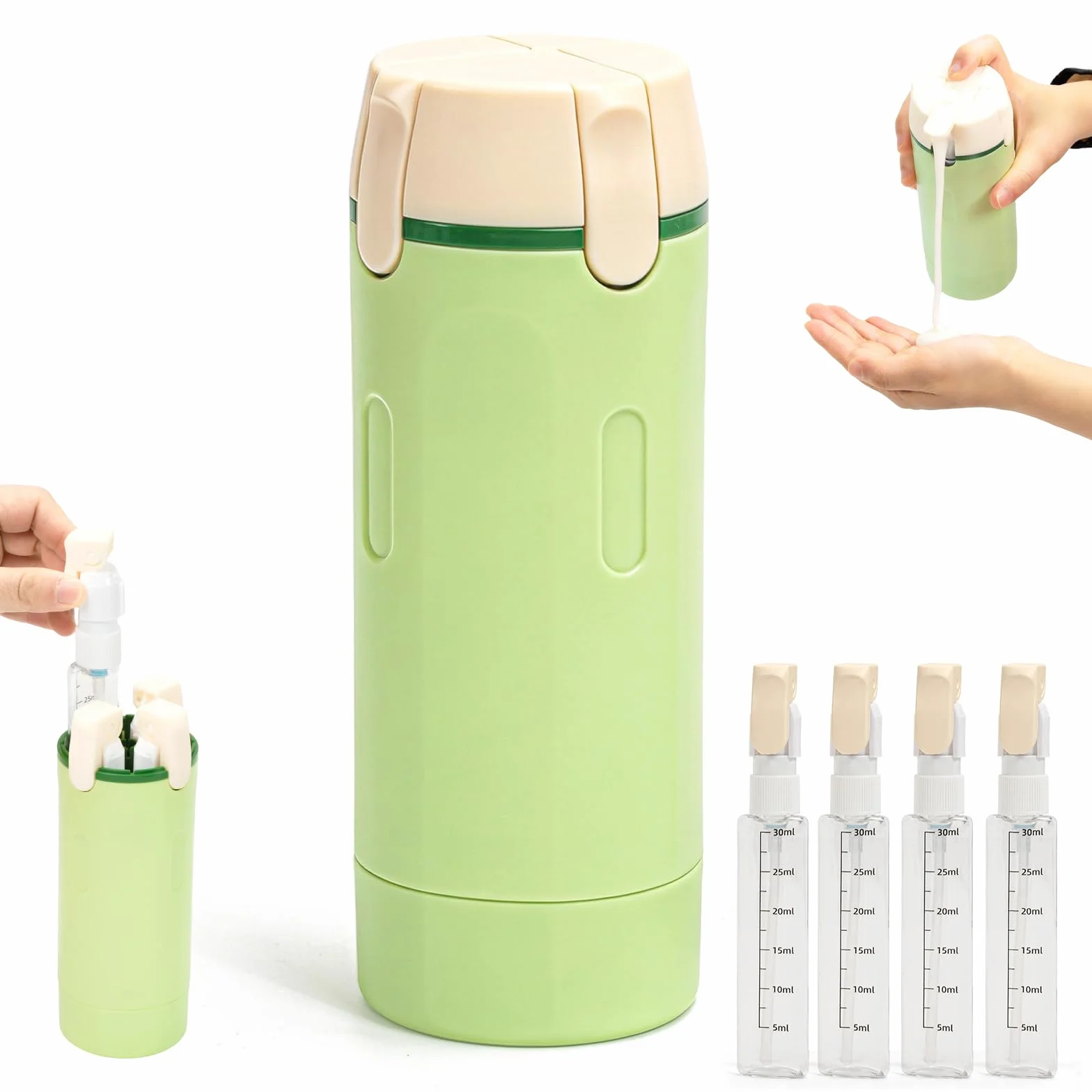 Set di 4 flaconi dispenser da viaggio: flaconi con pompetta ricaricabili, a prova di perdite, per articoli da toeletta - contenitori da viaggio portatili per shampoo, lozione, balsamo e crema (verde)