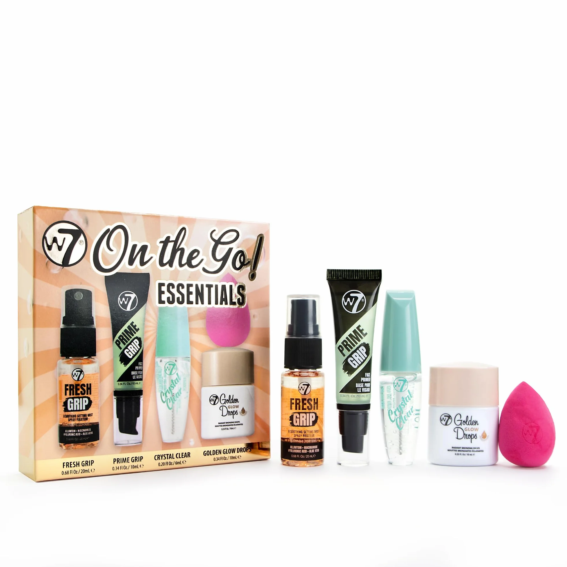 W7 On the Go Essentials - Set di trucchi indispensabili in formato mini, con primer, spray fissante, mascara, gocce abbronzanti Golden Glow e spugnetta - Make-up essenziali