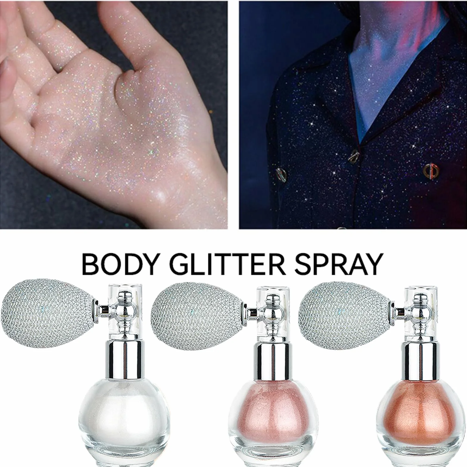 3 colori spray glitterato in polvere sfusa, lucido ad alta brillantezza, per capelli, viso, corpo, cosmetico