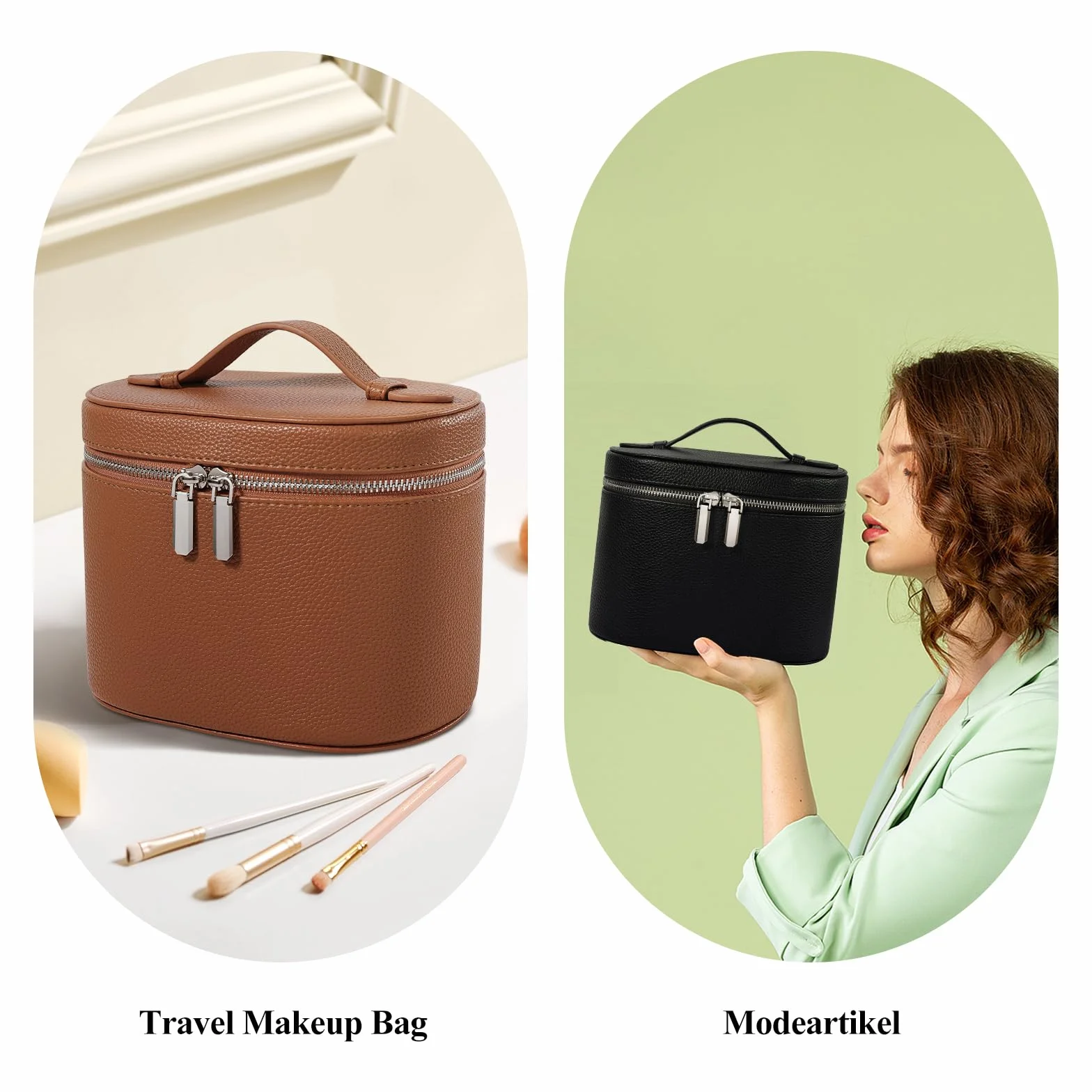 Beauty case da donna, borsa per trucco per donne, beauty case da viaggio in pelle per cosmetici con guscio rigido, borsa da viaggio per trucco con scomparti e manico, Nero , Mittel(19.3cm*14.0cm