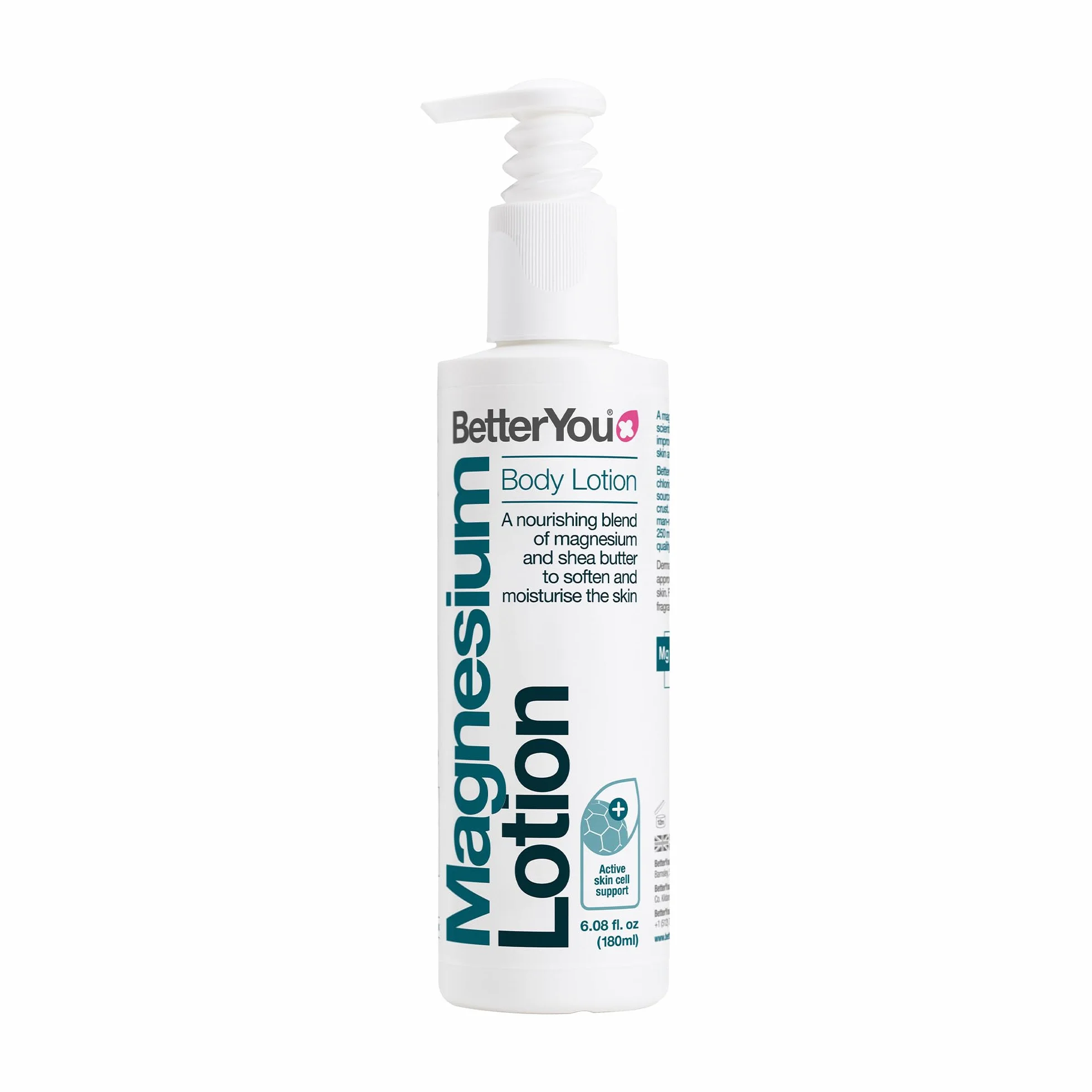 BetterYou Lozione Corpo al Magnesio, Miscela Ricostituente di Magnesio Trasdermico Zechstein Naturale e Burro di Karité per Ammorbidire e Idratare la Pelle, Senza Olio di Palma, 180 ml