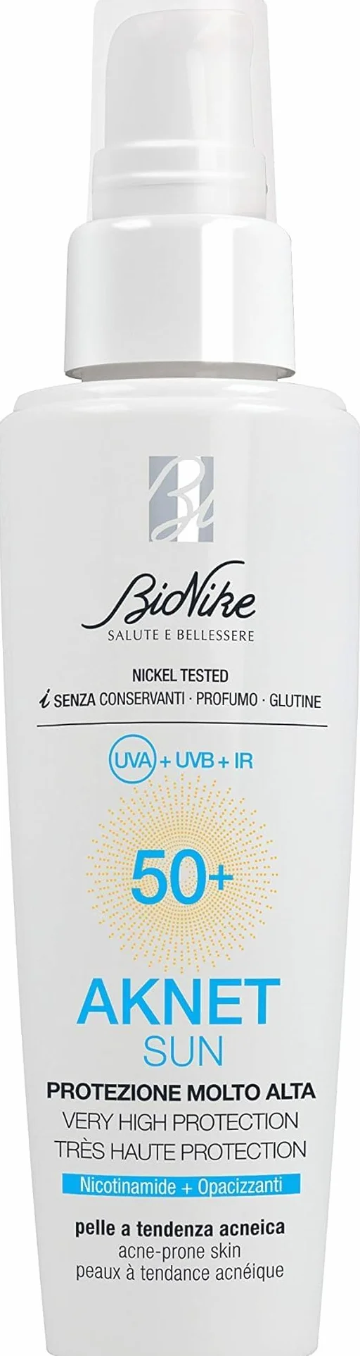 BioNike Aknet - Sun SPF 50+, Fluido Solare Viso per Pelle a Tendenza Acneica, Formula con Polveri Opacizzanti, Resistente all'Acqua e Non Appiccicoso, 50ml