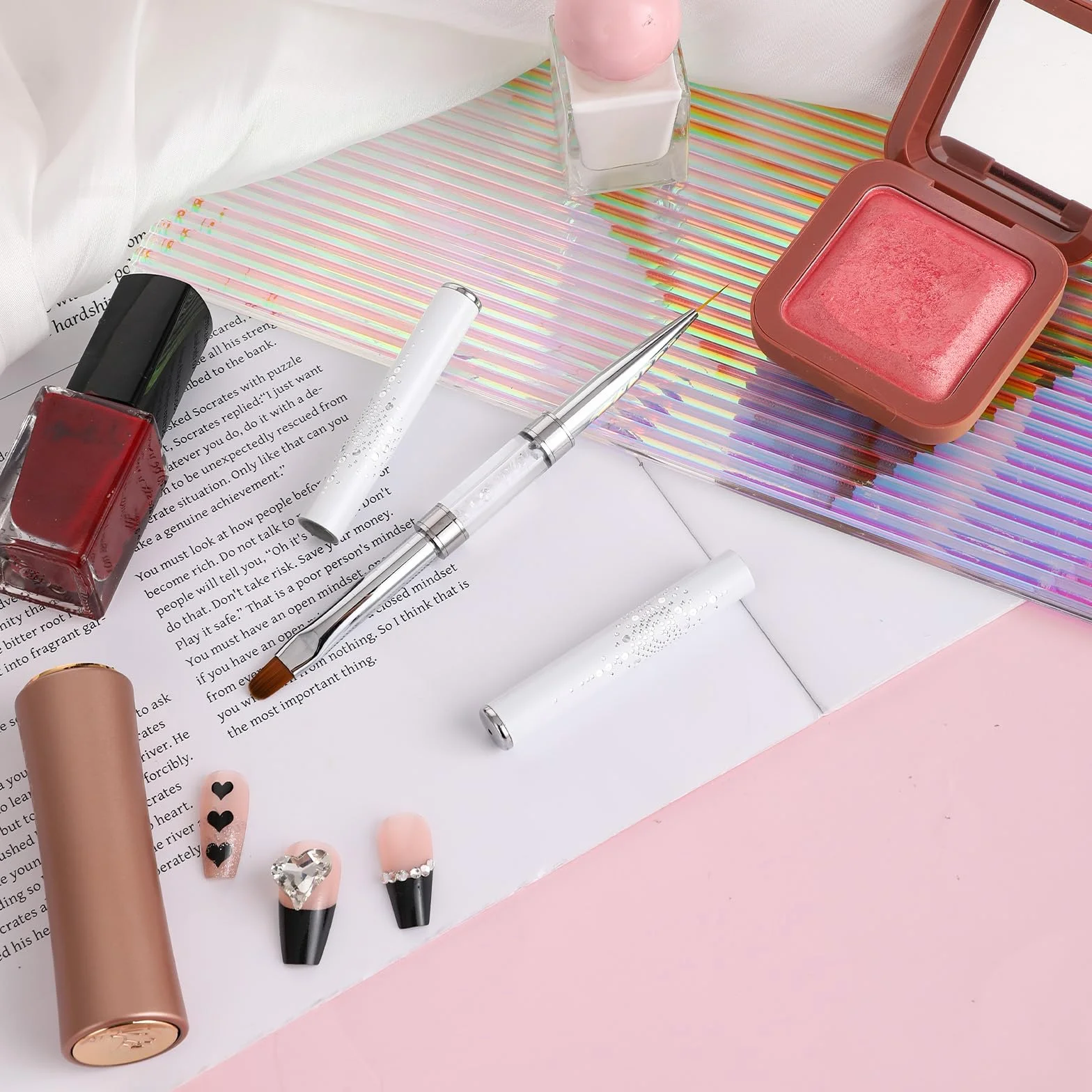 simarro Pennello per unghie a doppia estremità, manico con strass, pennello per unghie in gel, strumenti professionali per nail art, pennello per punteggiatura (1 pezzo bianco)