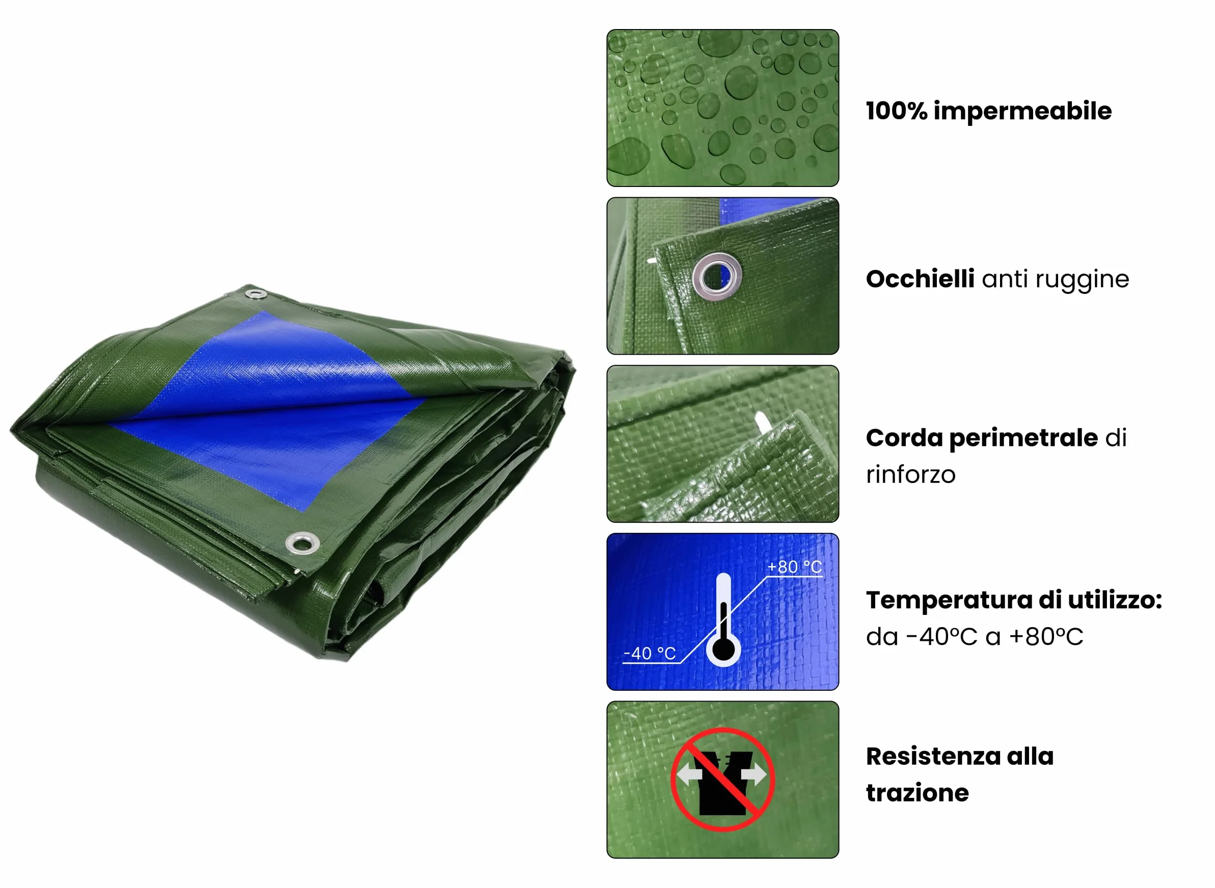 Telo Impermeabile Esterno 3x2 mt Polietilene Rinforzato Antistrappo 180 gr/m² Ombreggiante Oscurante con Occhielli