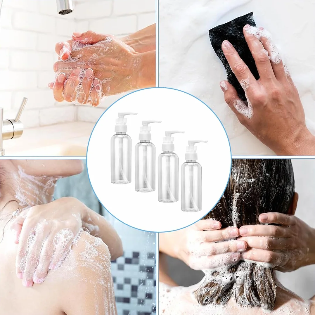 4 Pezzi Flaconi da Viaggio, 80 ml Bottiglie da Viaggio Trasparenti, Pompa da Viaggio in Plastica Dispenser, Boccette Contenitori Ricaricabile, per Cosmetici, Lozione, Bagno, Shampoo Liquidi