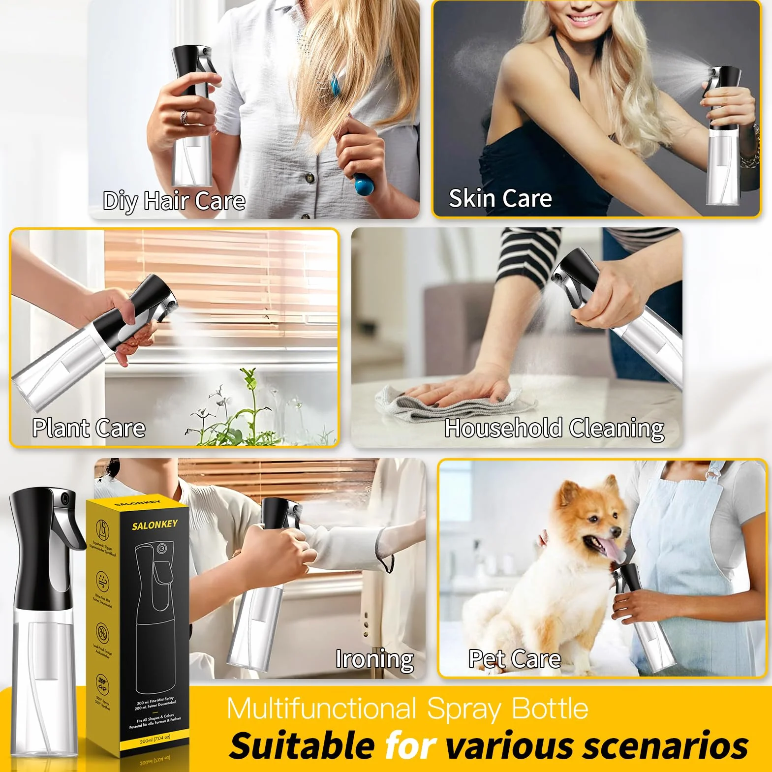 Spruzzino per Capelli 200 ml Spruzzino Nebulizzatore a Nebbia Continua Ultra Fine, Riutilizzabile con Design a Prova di Perdite Antigoccia, Animali Domestici e Pulizia per capelli (Buio pesto)