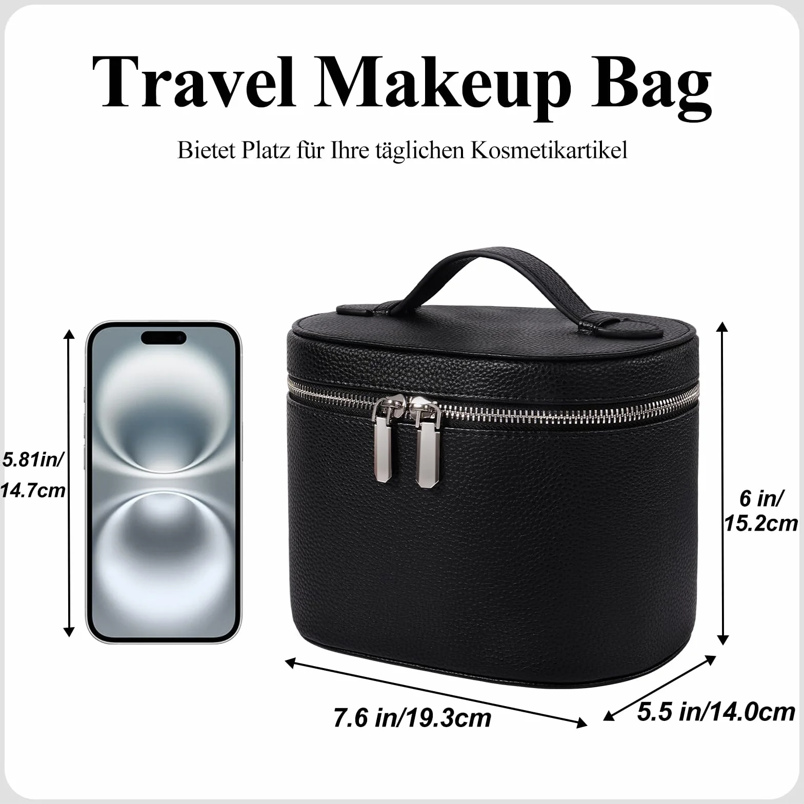Beauty case da donna, borsa per trucco per donne, beauty case da viaggio in pelle per cosmetici con guscio rigido, borsa da viaggio per trucco con scomparti e manico, Nero , Mittel(19.3cm*14.0cm