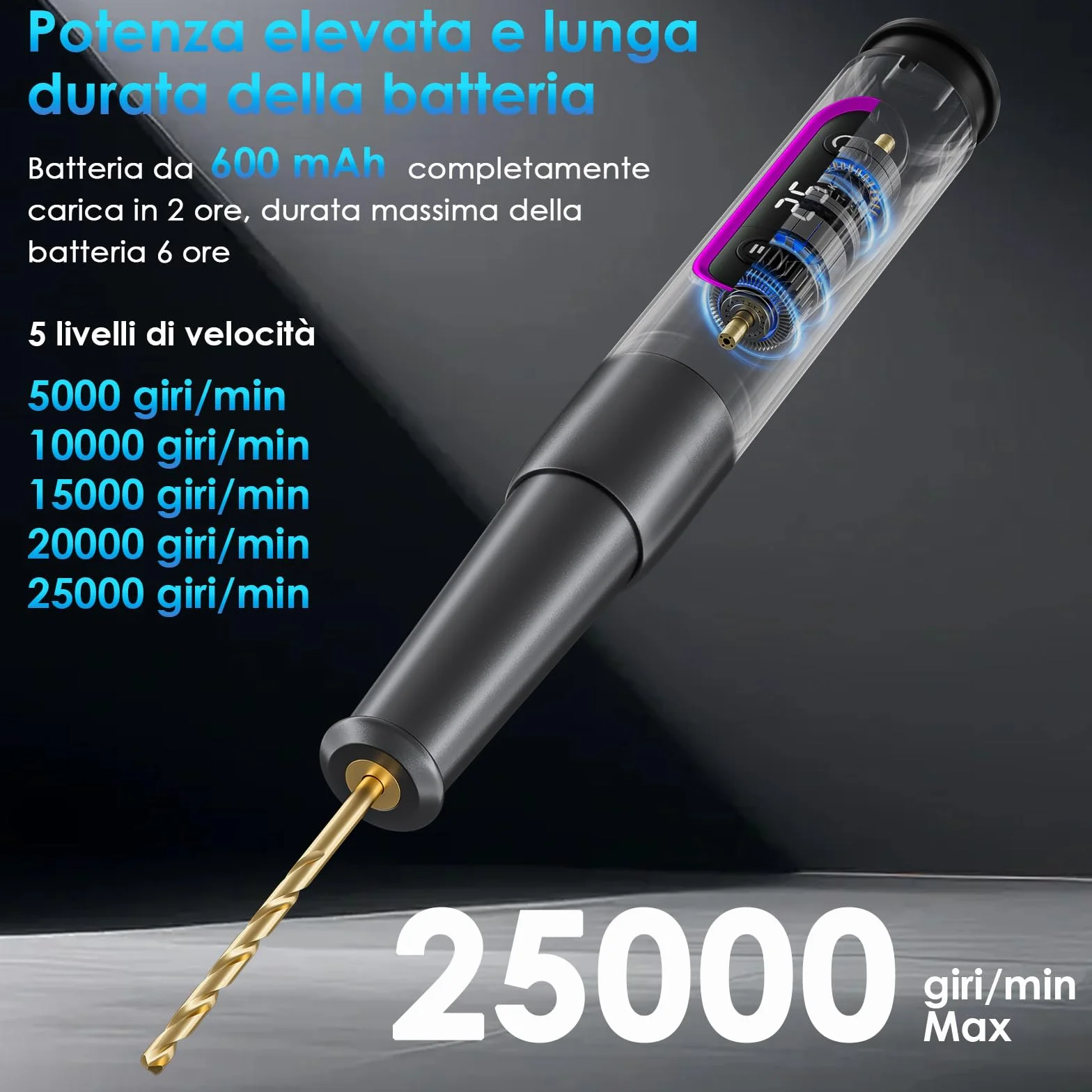 Diealles Shine Mini Trapano Elettrico a Batteria con 10 Punte, 5 Velocità, Ricarica USB per Gioielli/Legno/PCB