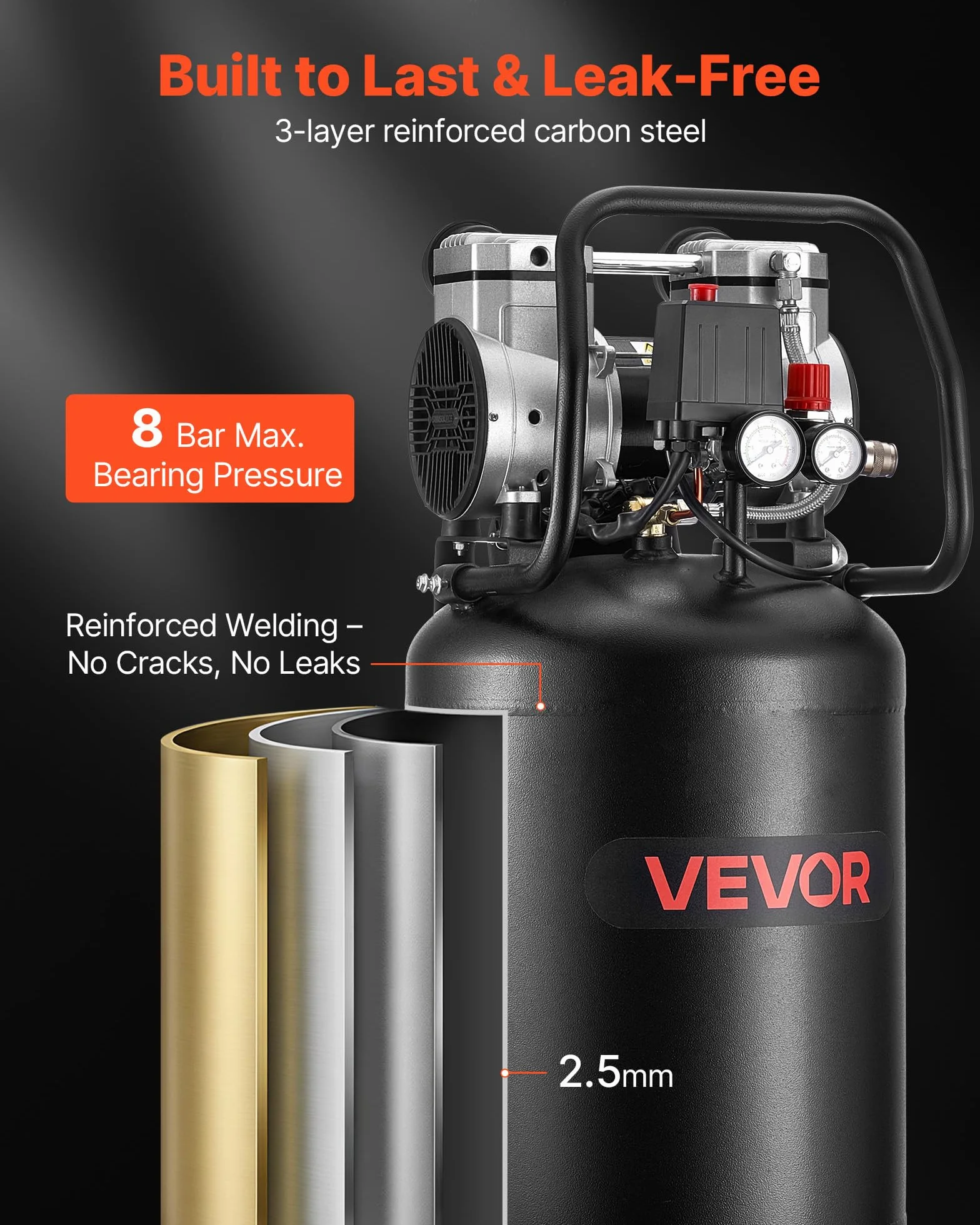 VEVOR Compressore d'Aria 50 Litri 1,5 KW 8 Bar Senza Olio Portatile su Ruote