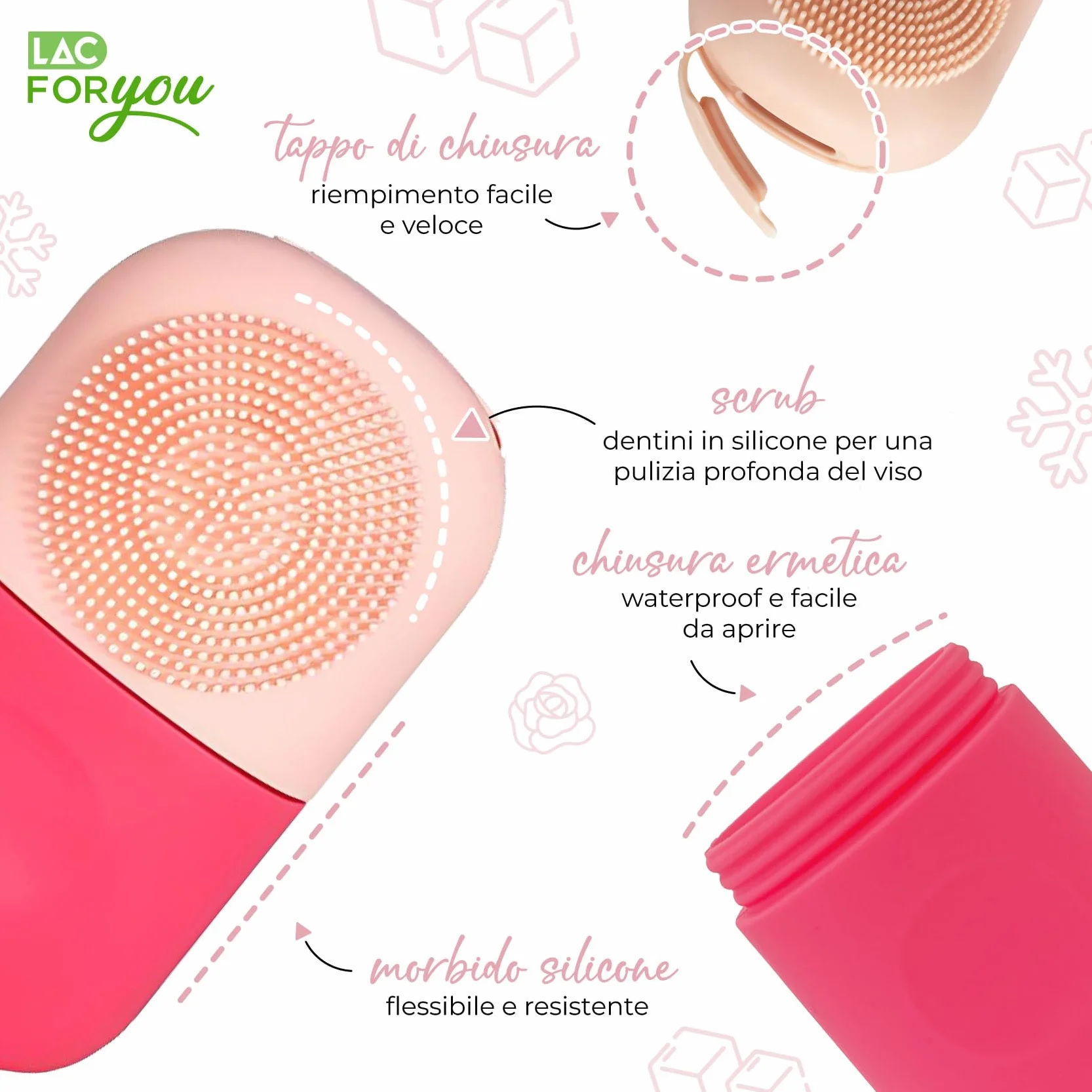 LAC FOR YOU Ice Roller Viso - Rullo Ghiaccio + Spazzola Pulizia Viso - Skincare Accessori per Ridurre il Gonfiore e Restringere i Pori