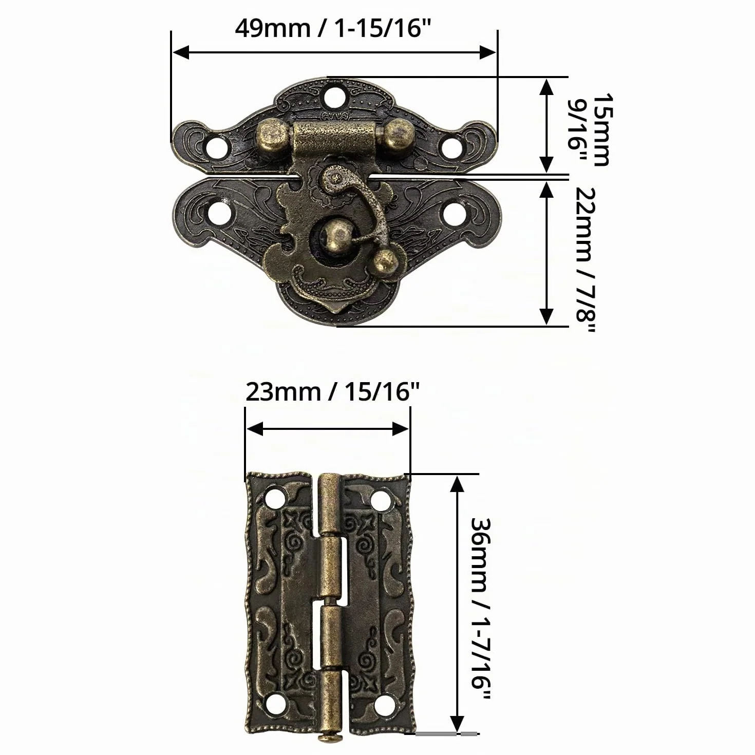 QWORK Serratura antica a gancio Hasp Set di 2 con cerniere e viti per contenitore in legno
