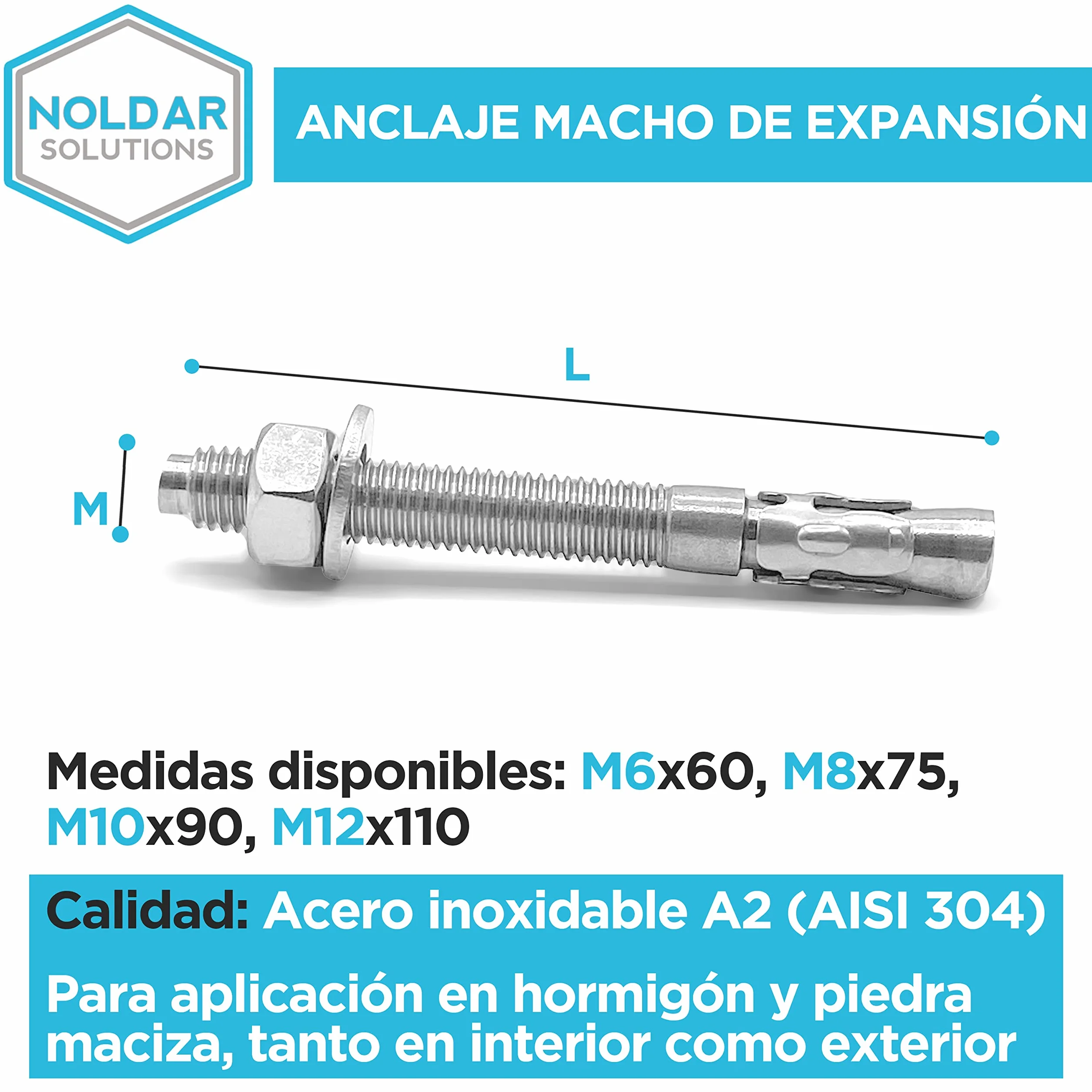 Tasello ancorante M8x80 mm in acciaio inox con dado e rondella premontati per calcestruzzo 25 unità