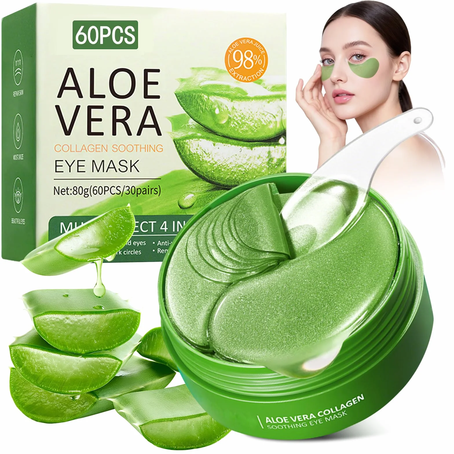 60 Pezzi Patch Occhi al Collagene e Aloe Vera, Maschera Rimuovi Occhiaie e Borse, Gonfiore, Riduce Rughe e Linee Sottili, Idratante e Rassodante Contorno Occhi, Anti-Età Donna e Uomo