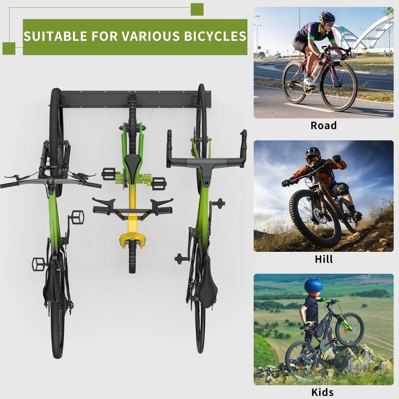 Housolution Portabici 32" per 4 Biciclette + 3 Caschi, Fino a 300 Libbre, Acciaio Solido, Montaggio a Muro, Nero
