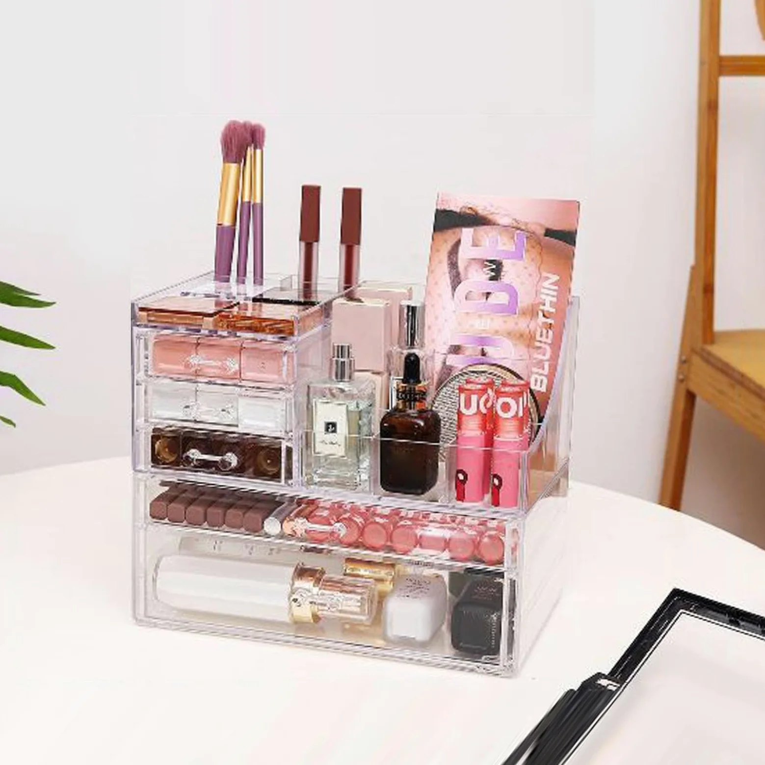 KUWAI - Espositore in acrilico trasparente, porta trucchi e organizer, organizer per cassetti in acrilico, scatola trasparente per cosmetici, organizer per trucchi, cassettiera da scrivania | organizer per cassetti in acrilico, scatola trasparente per cos