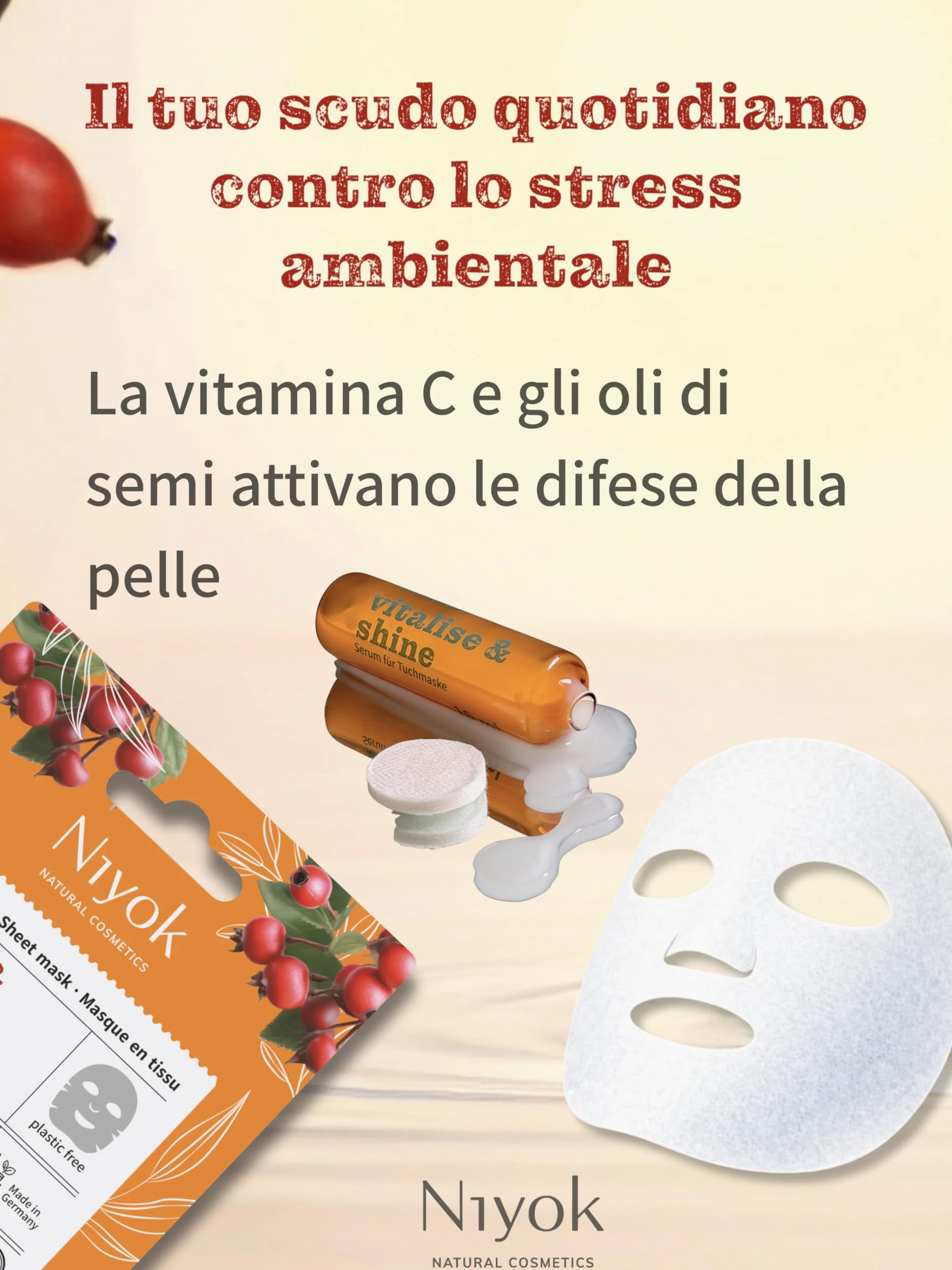 Niyok Maschera in tessuto protettiva – Maschera antiossidante con vitamina C « Detox & Relax » | Maschera viso in fibra vegetale compostabile | Vegan | COSMOS NATURAL | Made in Germany