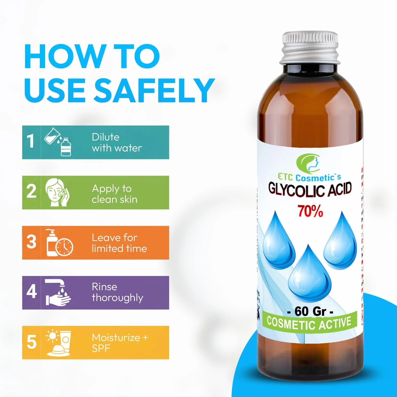 Acido glicolico - 60 gr - 70% Soluzione esfoliante AHA ad alta potenza | Formula per un profondo rinnovamento della pelle e una texture più definita | A base d'acqua