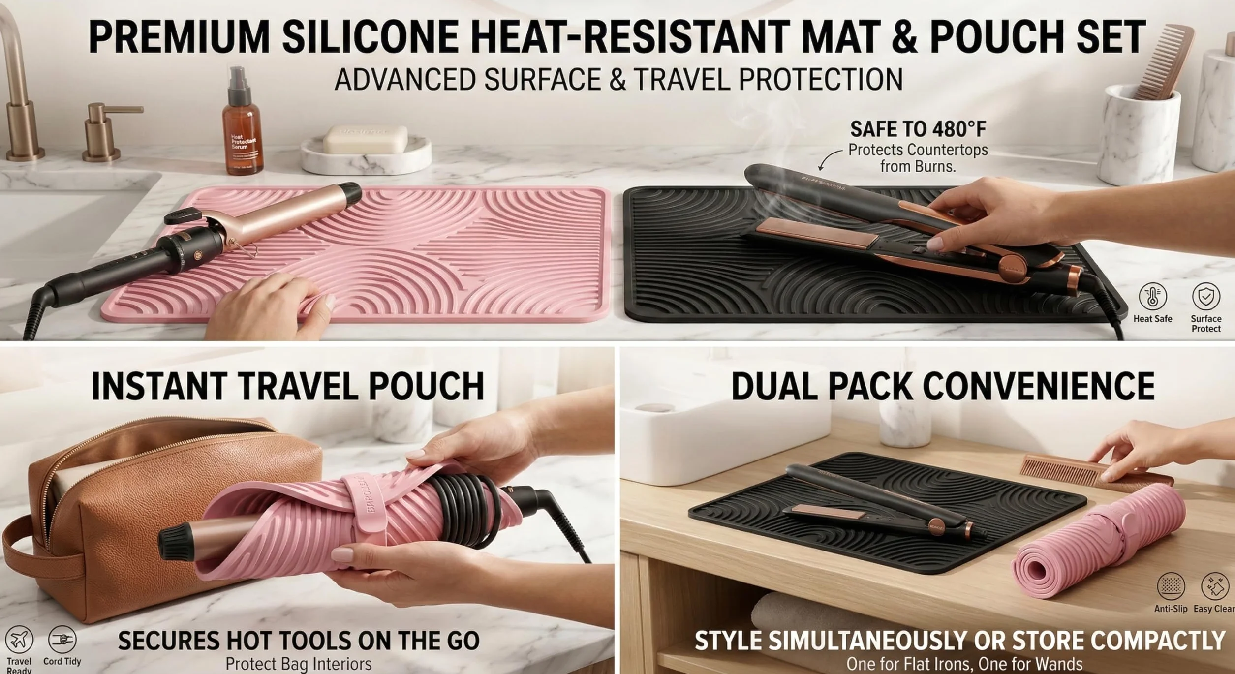 Tappetino termoresistente in silicone 2 pezzi nero e rosa 23x16cm per piastra capelli e ferro arricciacapelli resistente fino a 230°C antiscivolo facile da pulire per casa e salone