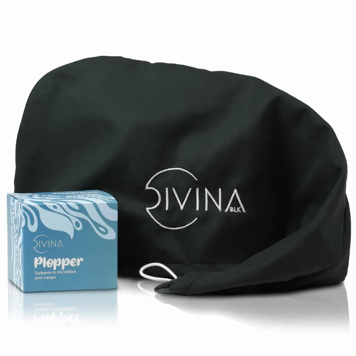 Plopper DIVINA BLK turbante in microfibra anti-crespo per il plopping dei capelli mossi, ricci, super ricci e afro