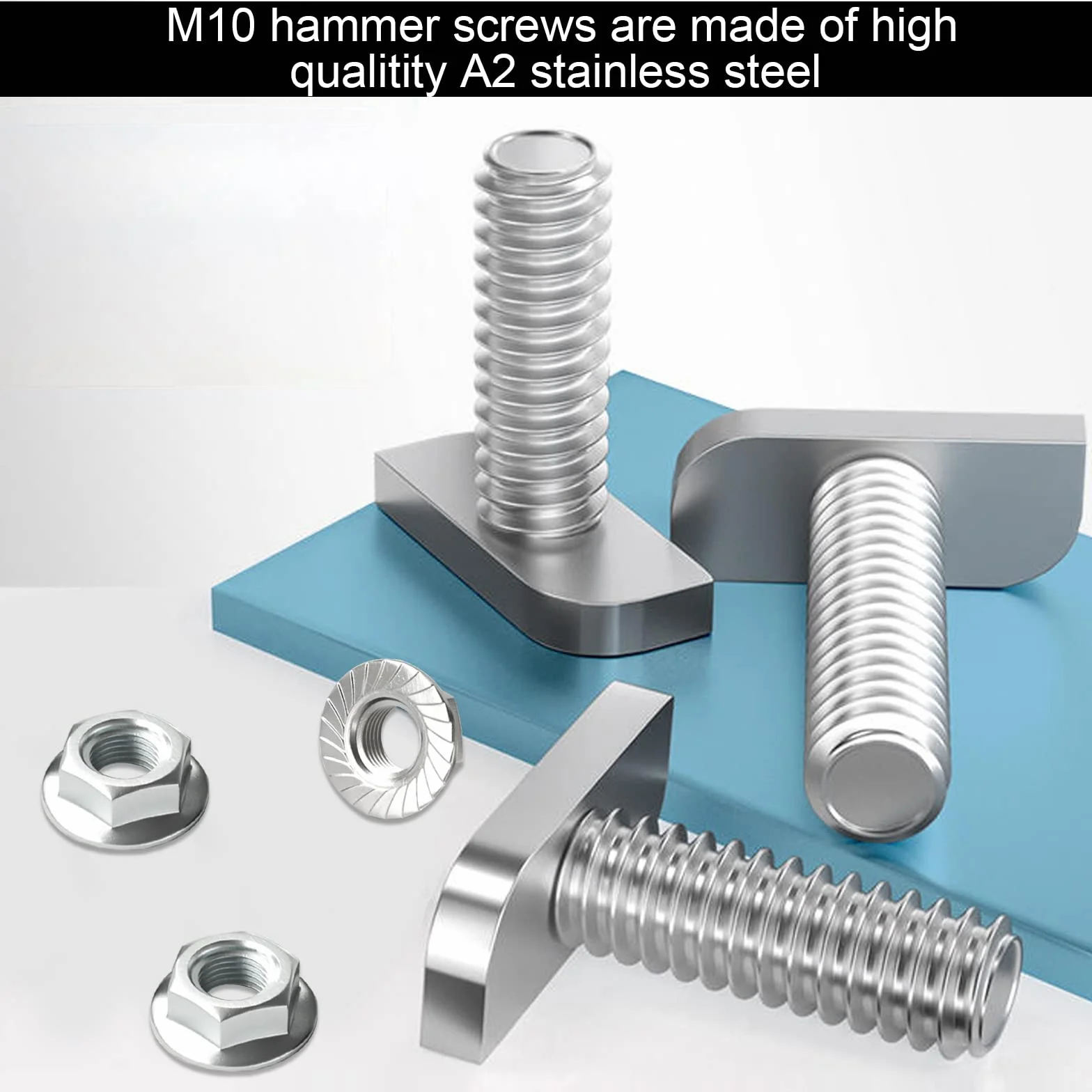 Viti a testa martello M10 x 25 acciaio inox A2-70 con dadi di bloccaggio 15 pezzi