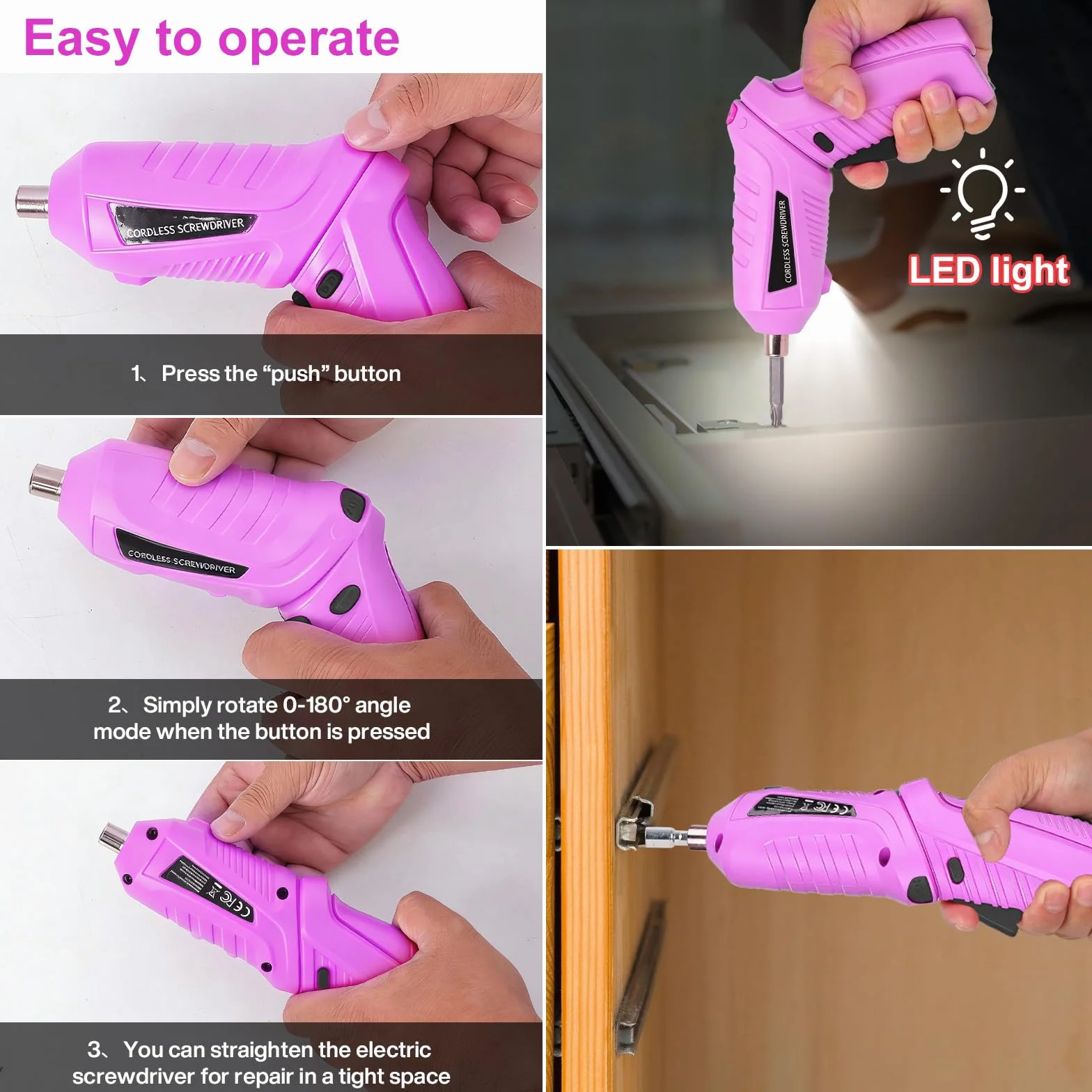 Mini Avvitatore a Batteria 3.6V 1300mAh Ricaricabile USB, Cacciavite Elettrico 47 Pezzi, Coppia 3.6Nm, 2 Posizioni 90°-180°, Luce LED Nero