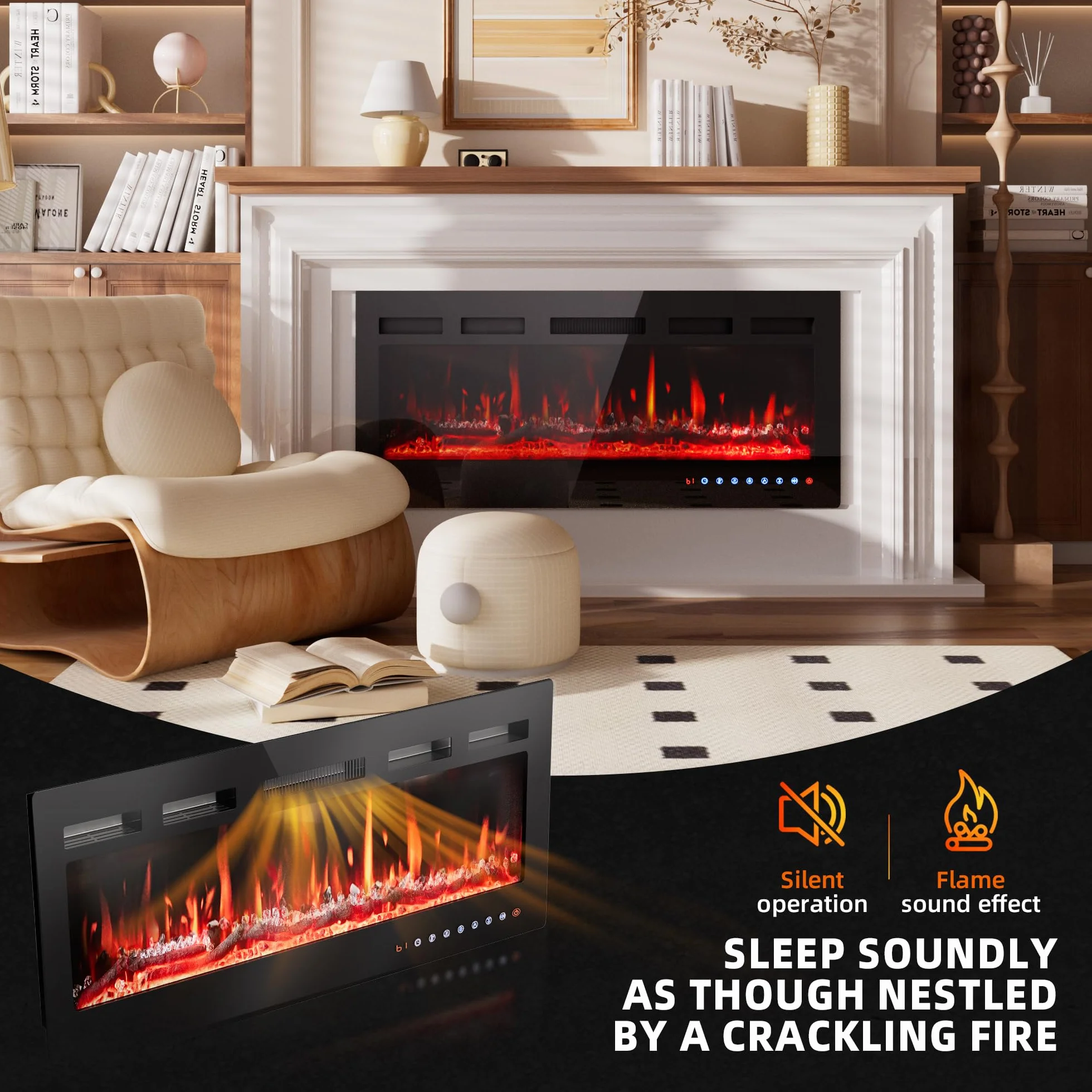 Camino Elettrico 92cm 900W/1800W Fiamma 12 Colori Scintillio Termostato Preciso 15-30°C Touchscreen Telecomando