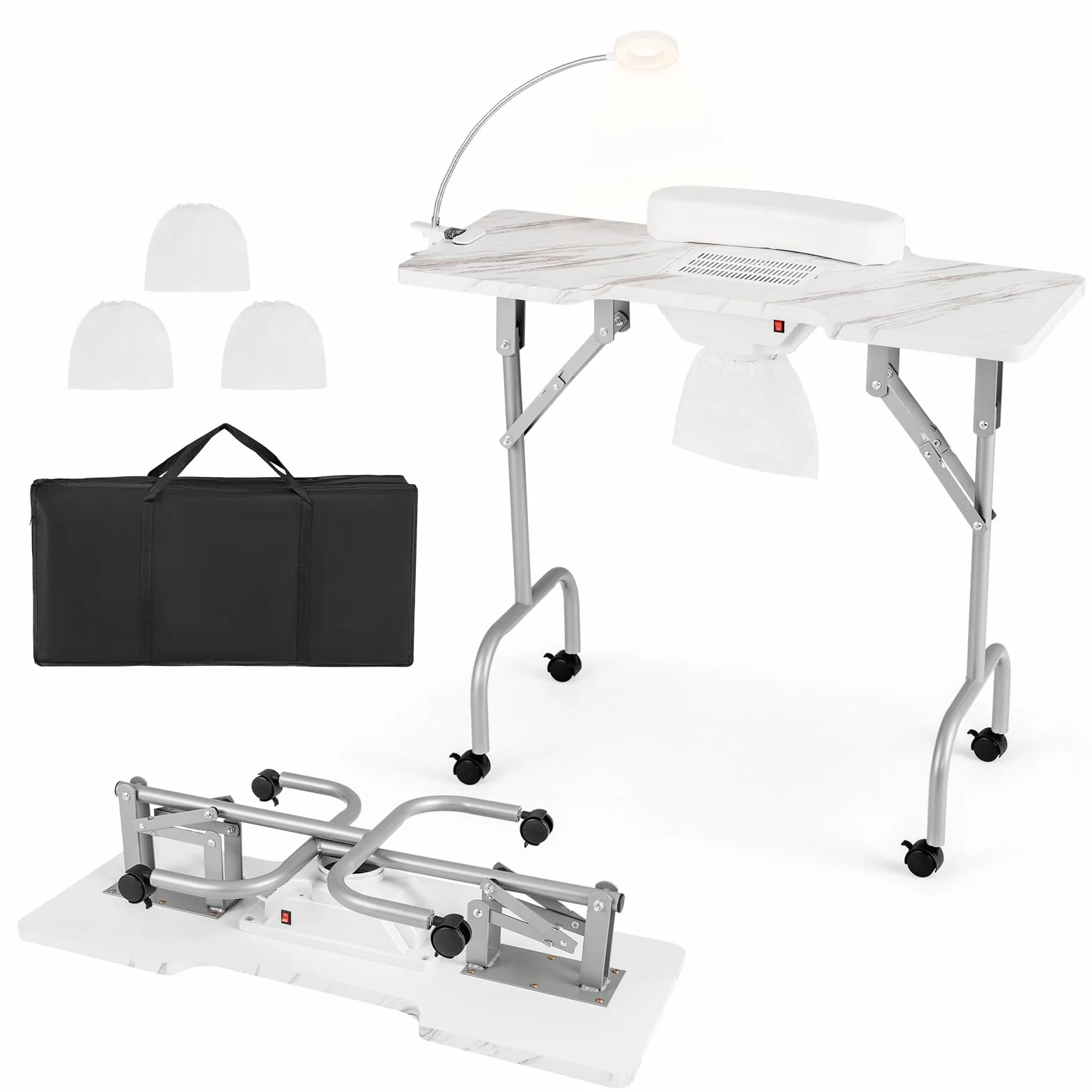 COSTWAY Tavolo per Manicure Pieghevole con Aspiratore Elettrico, Tavolo per Unghie Portatile con Luce LED, Cuscino Poggia Polso Clienti, Borsa e 4 Ruote Bloccabili (Bianco)