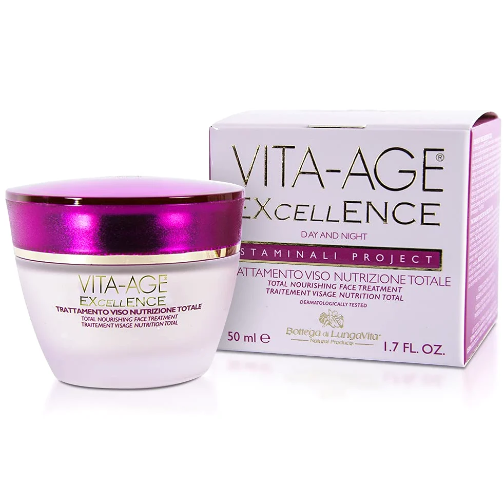 Bottega di LungaVita TRATTAMENTO VISO NUTRIZIONE TOTALE VITA-AGE EXCELLENCE - Crema viso giorno e notte dall’azione anti-age nutriente, ridensificante. Con Collagene, cellule staminali da gardenia e resveratrolo - Nutre e rinforza la barriera cutanea, dim