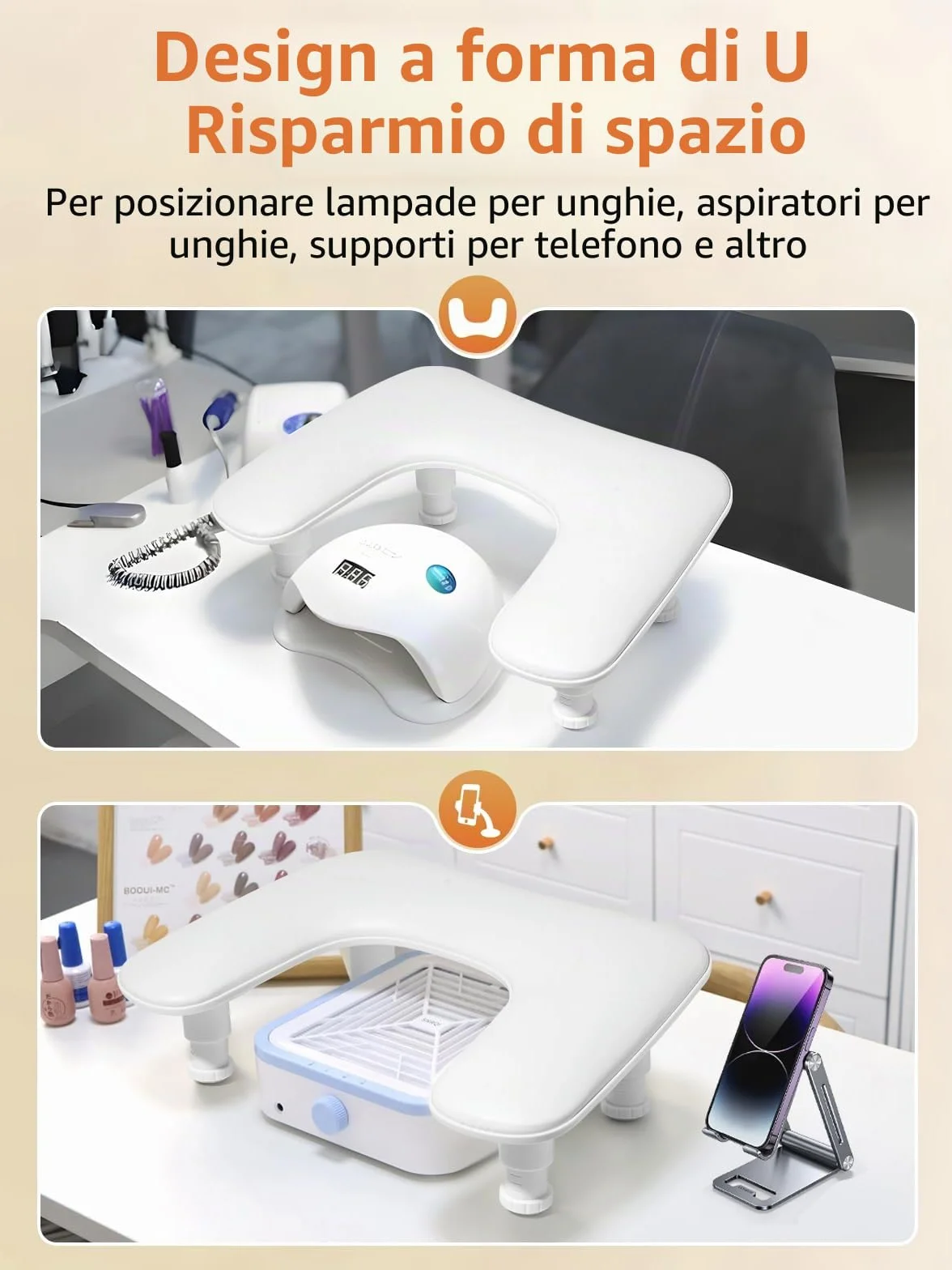 Deciniee Poggiamano per Unghie: Forma U Appoggia Mani per Unghie - Altezza Regolabile Poggia Mani per Unghie per Tavolo Manicure Tavolo Estetista per Unghie - Bianco