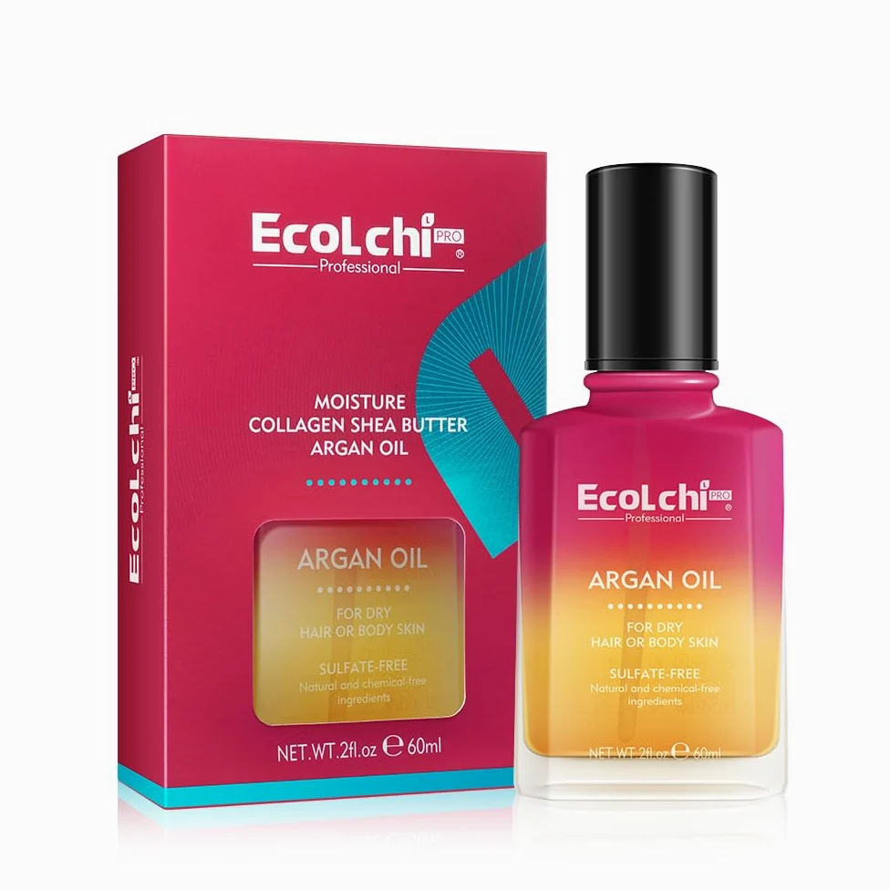 Olio di Argan Ecolchi, siero per capelli spremuto a freddo, leggero, con vitamina E, trattamento per capelli secchi e danneggiati, corpo e pelle, 60 ml
