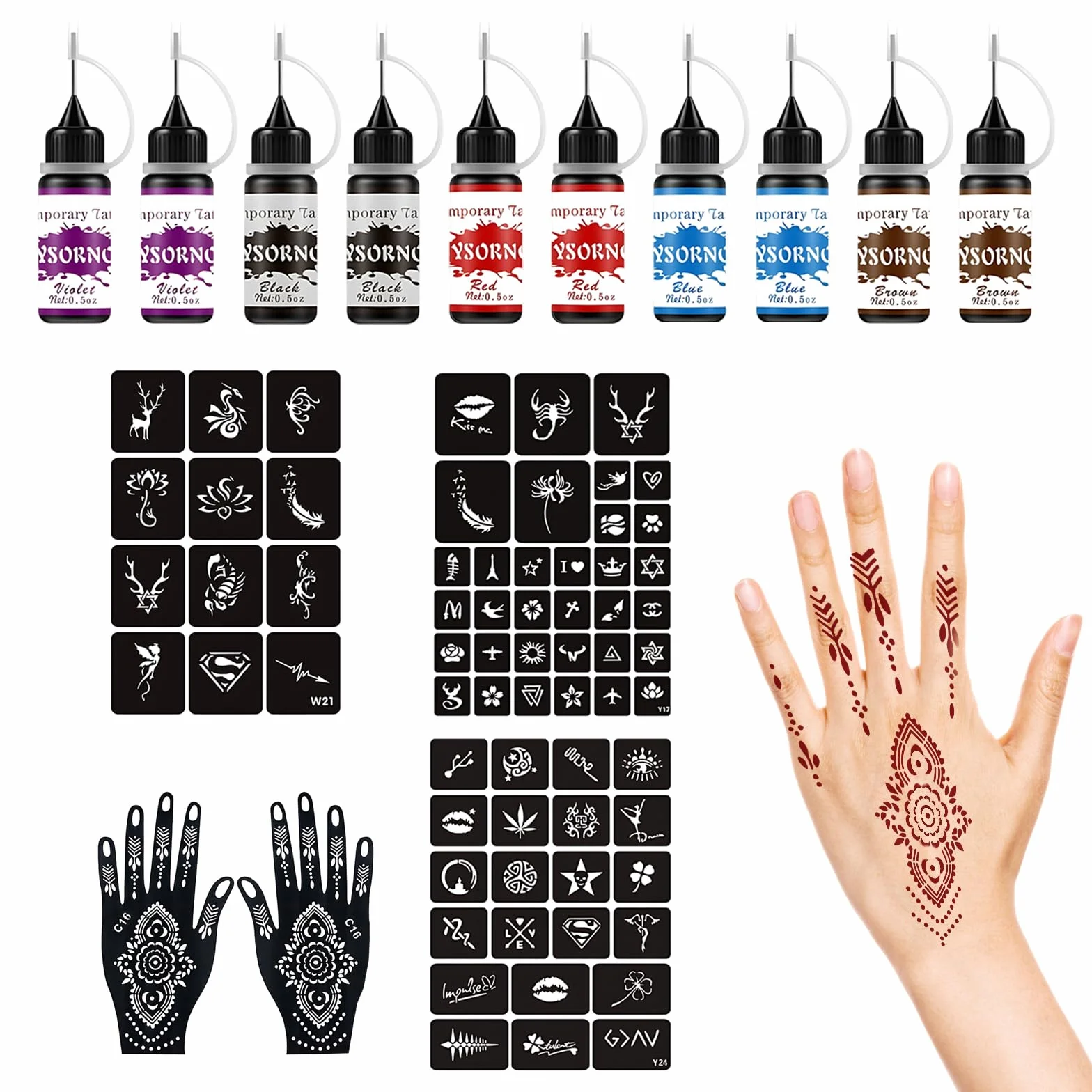 Henné Set con 10 bottiglie di inchiostro, 67 stencil e stencil per henné a mano, kit per pittura fai da te, tatuaggi temporanei per tatuaggi creativi