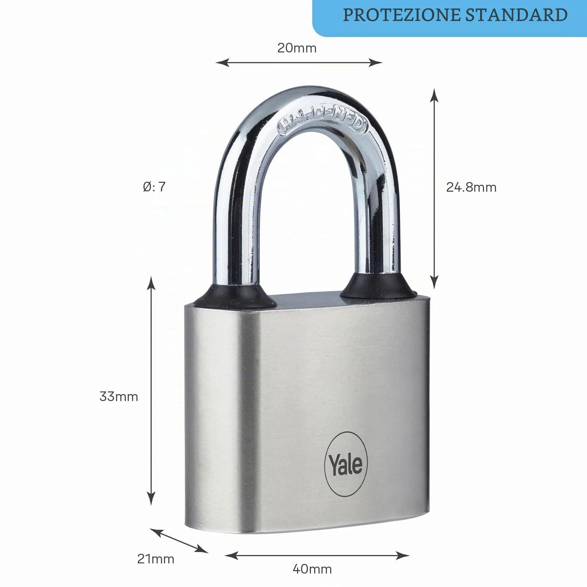 Yale Y112/40/124/1 Lucchetto Argento 40 mm Arco Acciaio Temprato Meccanismo a Disco Doppio Blocco Resistente Corrosione
