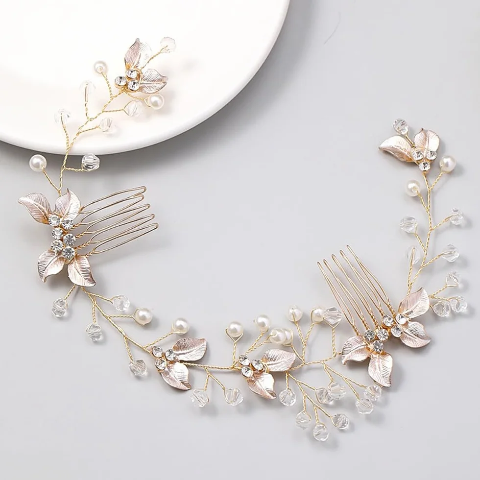 4 Pezzi Accessorio per Capelli da Sposa Pettini per Capelli da Sposa e Forcine a U con Strass Perla Nuziale Decorativo Cerchietto Festa di Nozze per Donne e Ragazze (Oro)