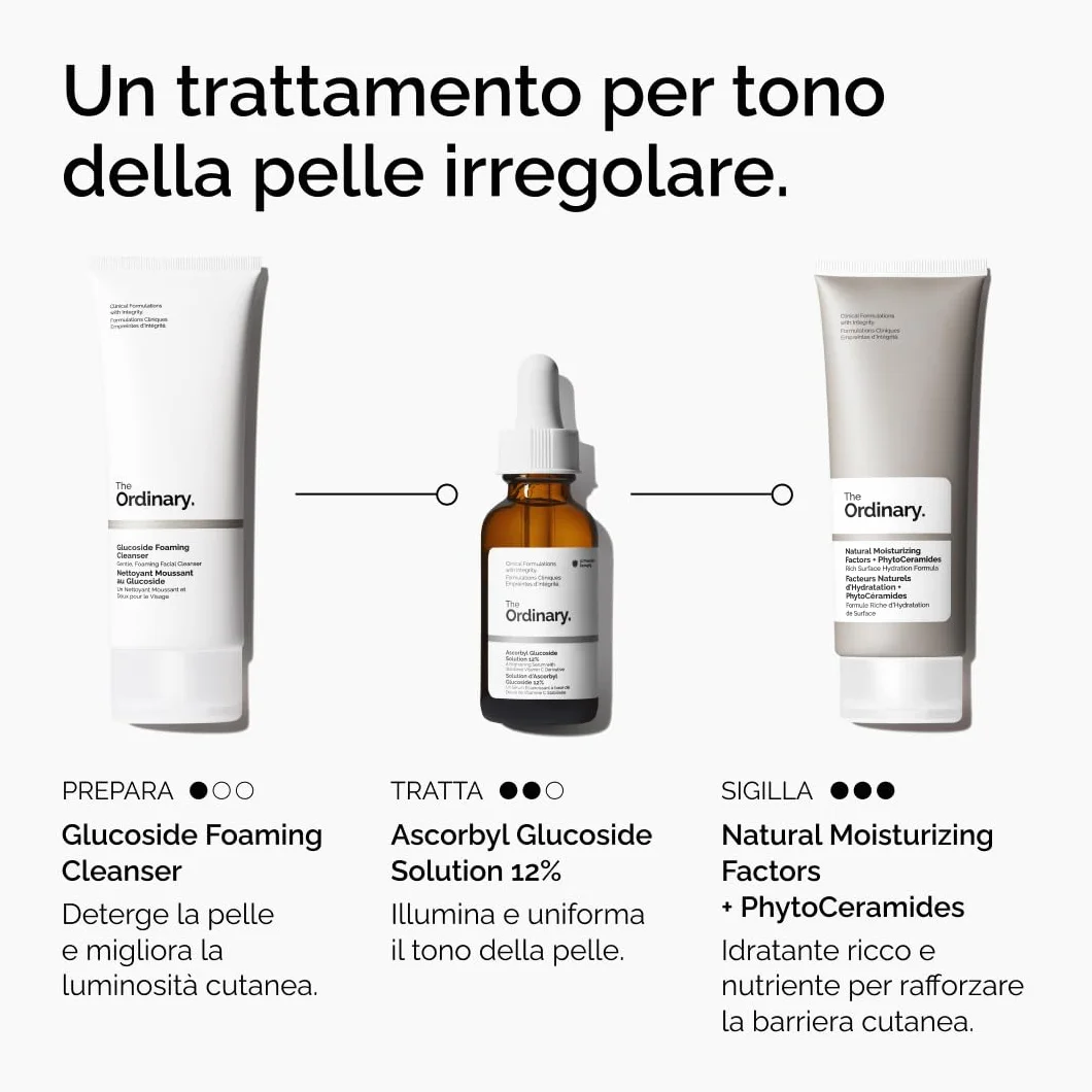The Ordinary Ascorbyl Glucoside Solution 12%, Siero alla vitamina C illuminante per uniformare il tono della pelle e fornire protezione antiossidante, 30ml