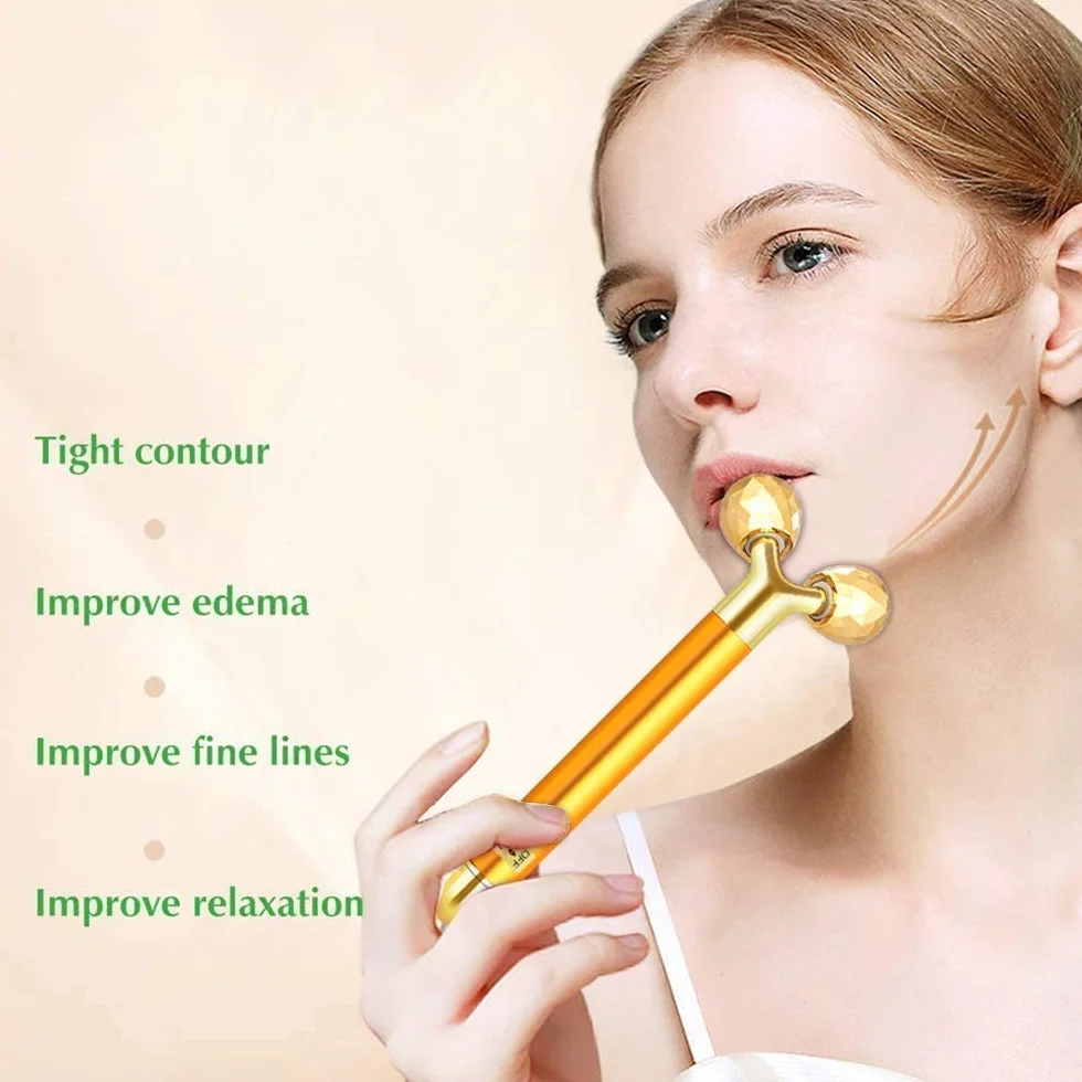 2-IN-1 Beauty Bar 24k Golden massaggiatore viso, rullo 3D elettrico e kit di massaggio viso a forma di T, Massaggiatore per la testa, naso, guancia, collo, braccio, occhi