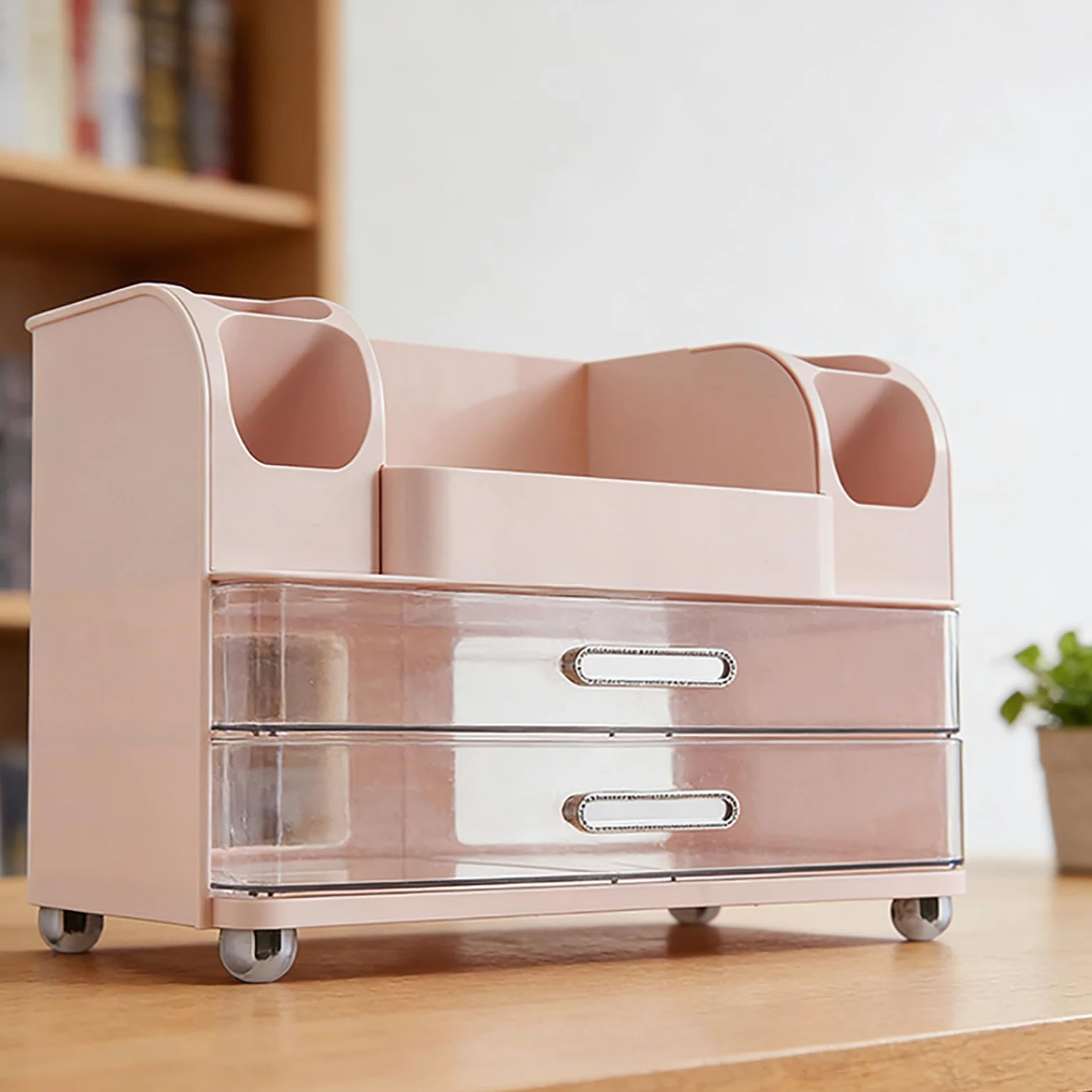 banapoy Organizer per Trucco, Vetrina Cosmetica Impermeabile di Grande capacità, Organizer da Appoggio con Cassetti e Scomparti per Pennelli per Trucco Rossetto Cura della Pelle (Roseo)