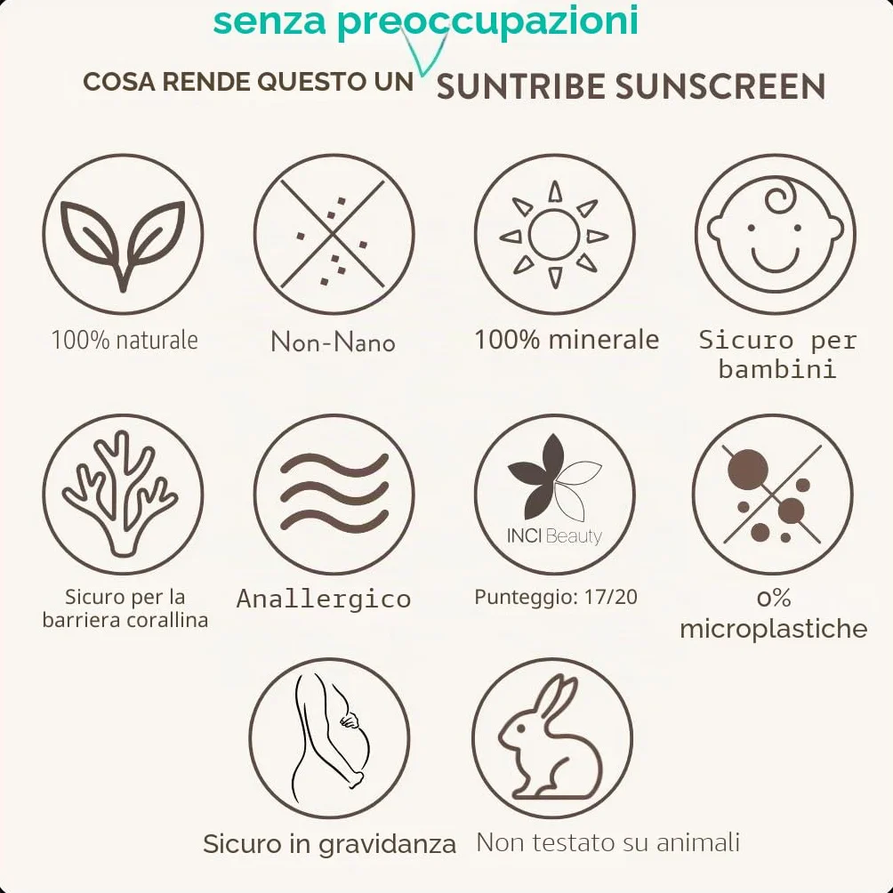 Crema Solare Naturale Minerale FPS 30 Suntribe - 100 ml, Tinta, Biologica - 100% Naturale & Sicura per i Coralli, Non-Nano Ossido di Zinco, Resistente all'Acqua - Vincitore Beauty Shortlist Awards