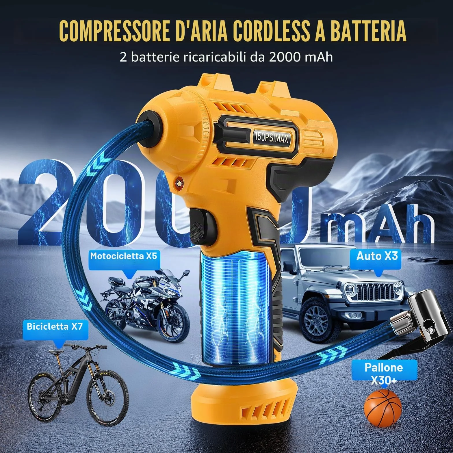 Pompa ad Aria Elettrica Compressore a Batteria per Bicicletta, Portatile, Display Digitale, Spegnimento Automatico, USB-C