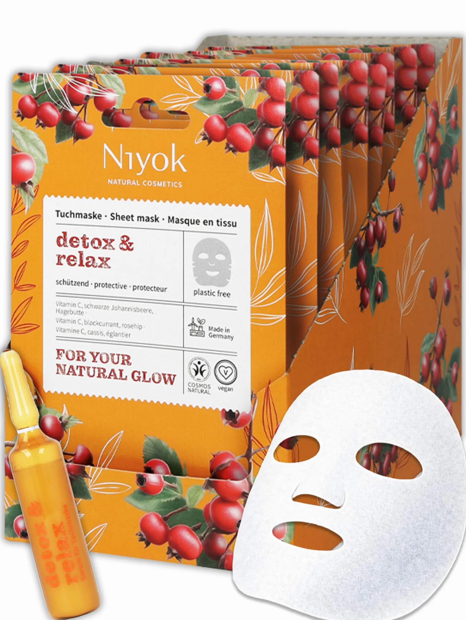 Niyok Maschera in tessuto protettiva – Maschera antiossidante con vitamina C « Detox & Relax » | Maschera viso in fibra vegetale compostabile | Vegan | COSMOS NATURAL | Made in Germany